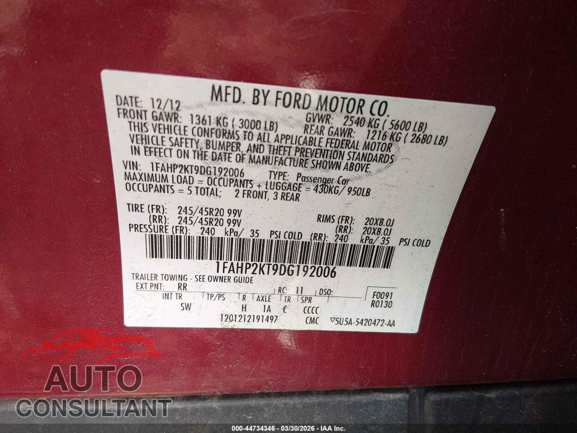 FORD TAURUS 2013 - 1FAHP2KT9DG192006