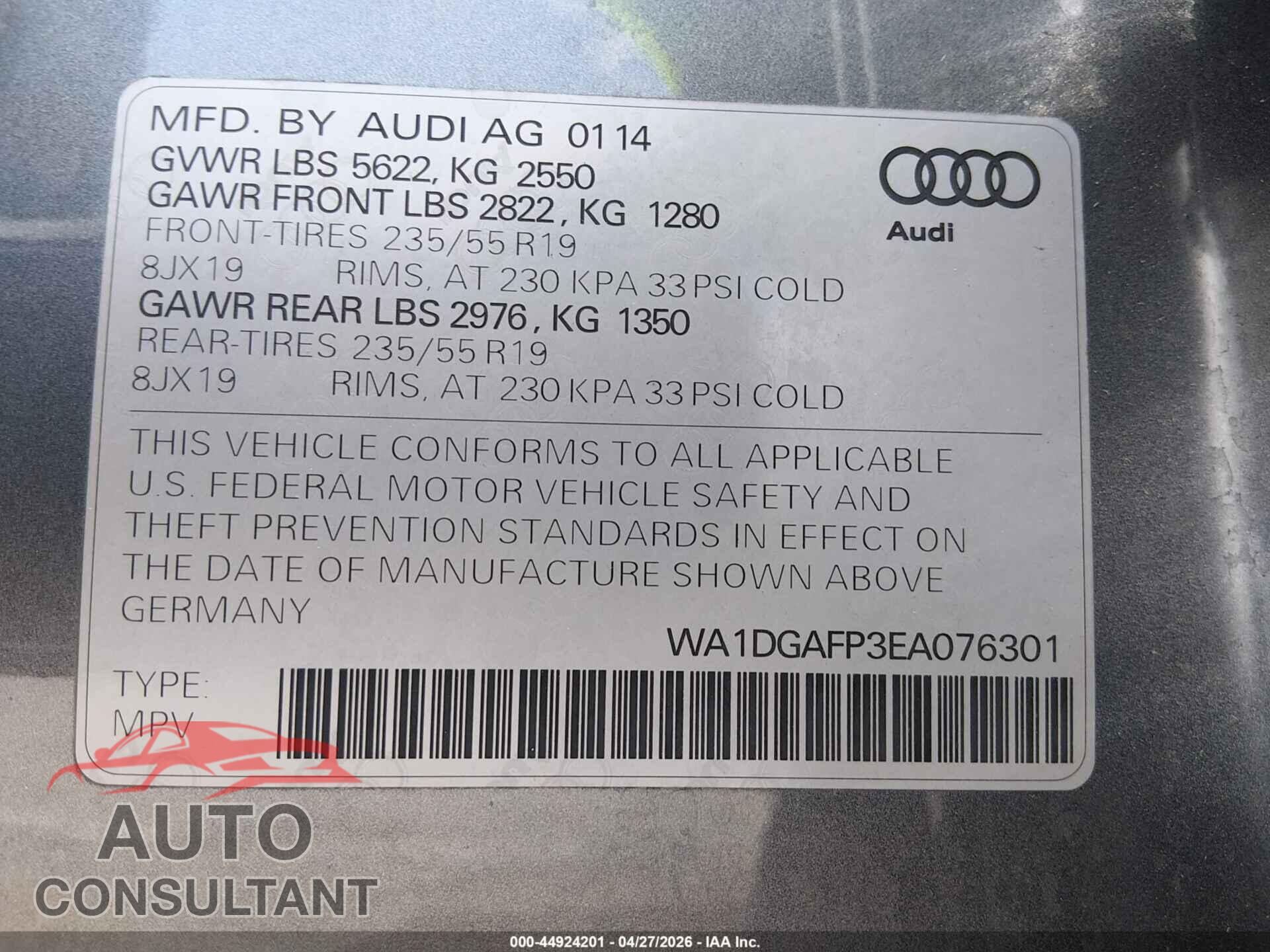 AUDI Q5 2014 - WA1DGAFP3EA076301