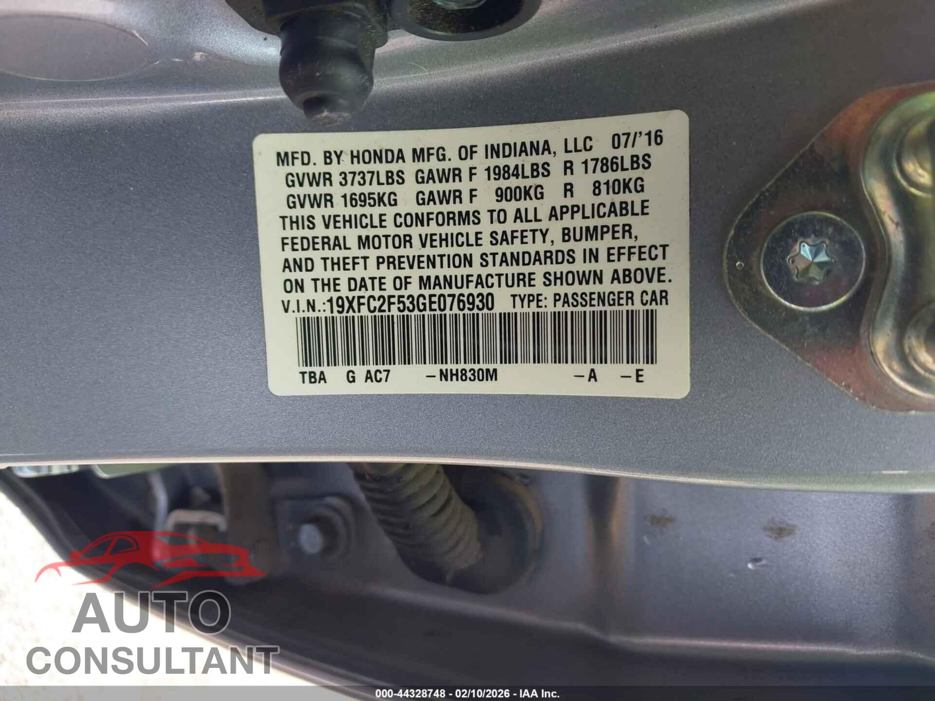 HONDA CIVIC 2016 - 19XFC2F53GE076930