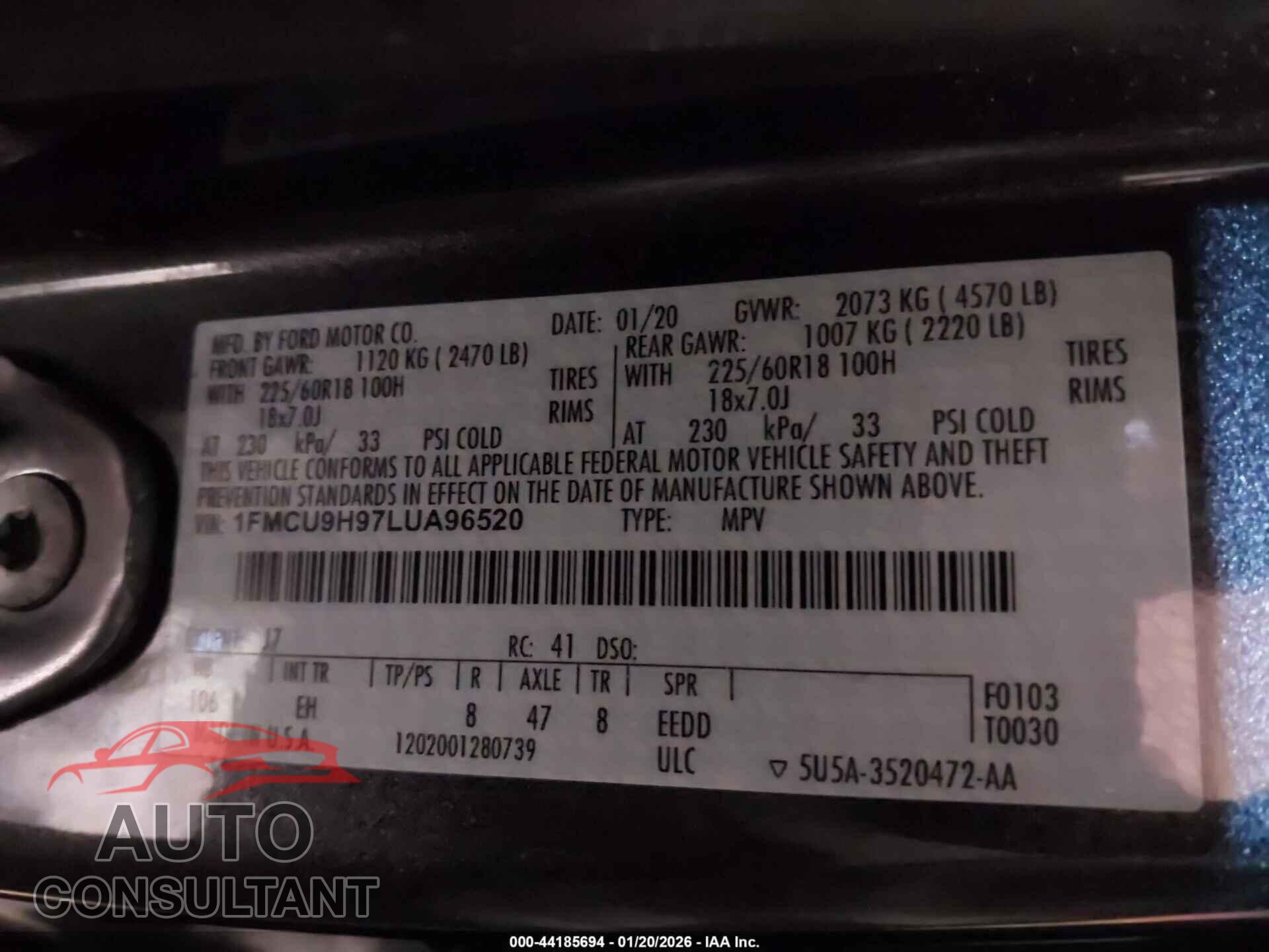 FORD ESCAPE 2020 - 1FMCU9H97LUA96520