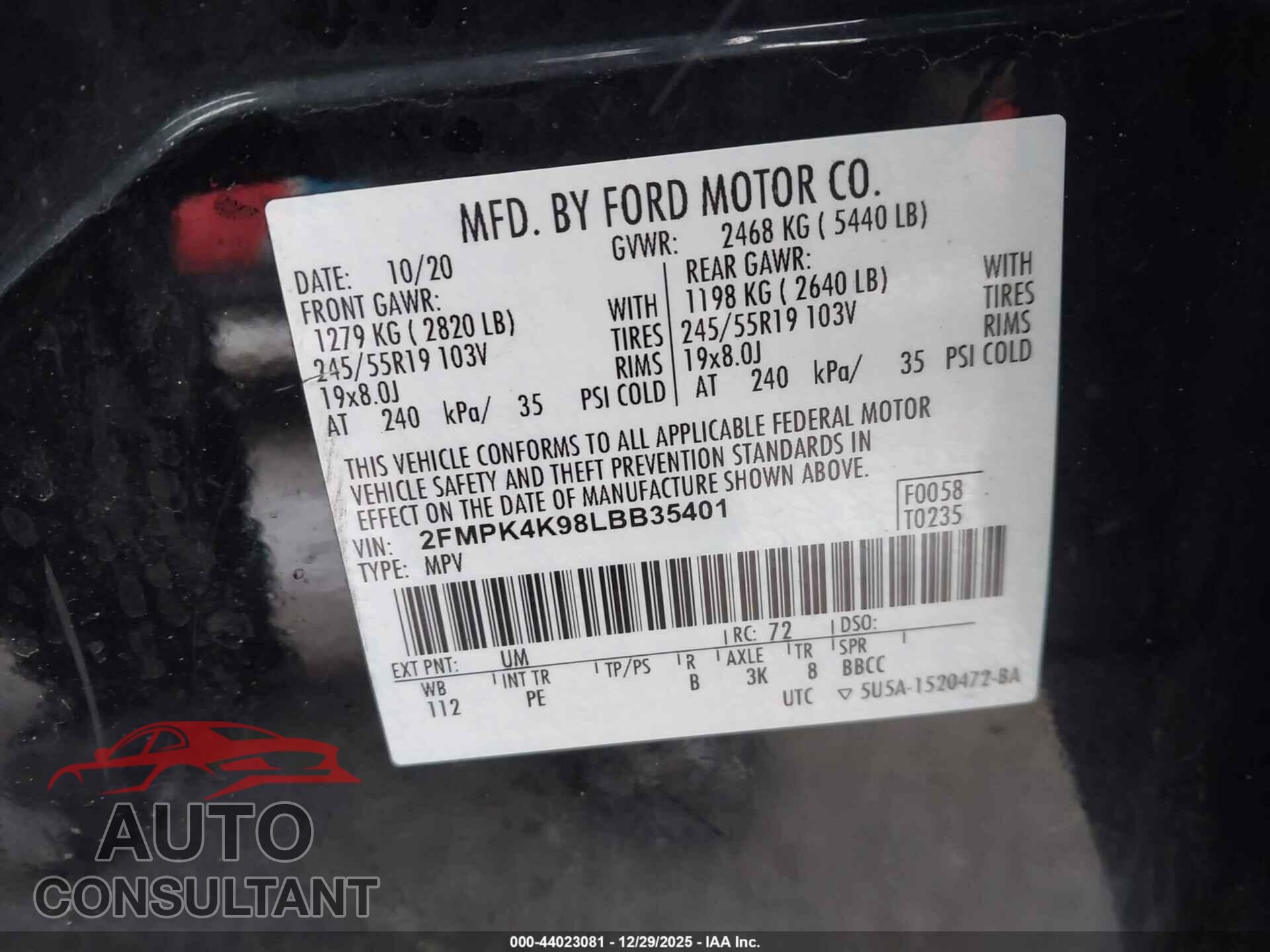 FORD EDGE 2020 - 2FMPK4K98LBB35401