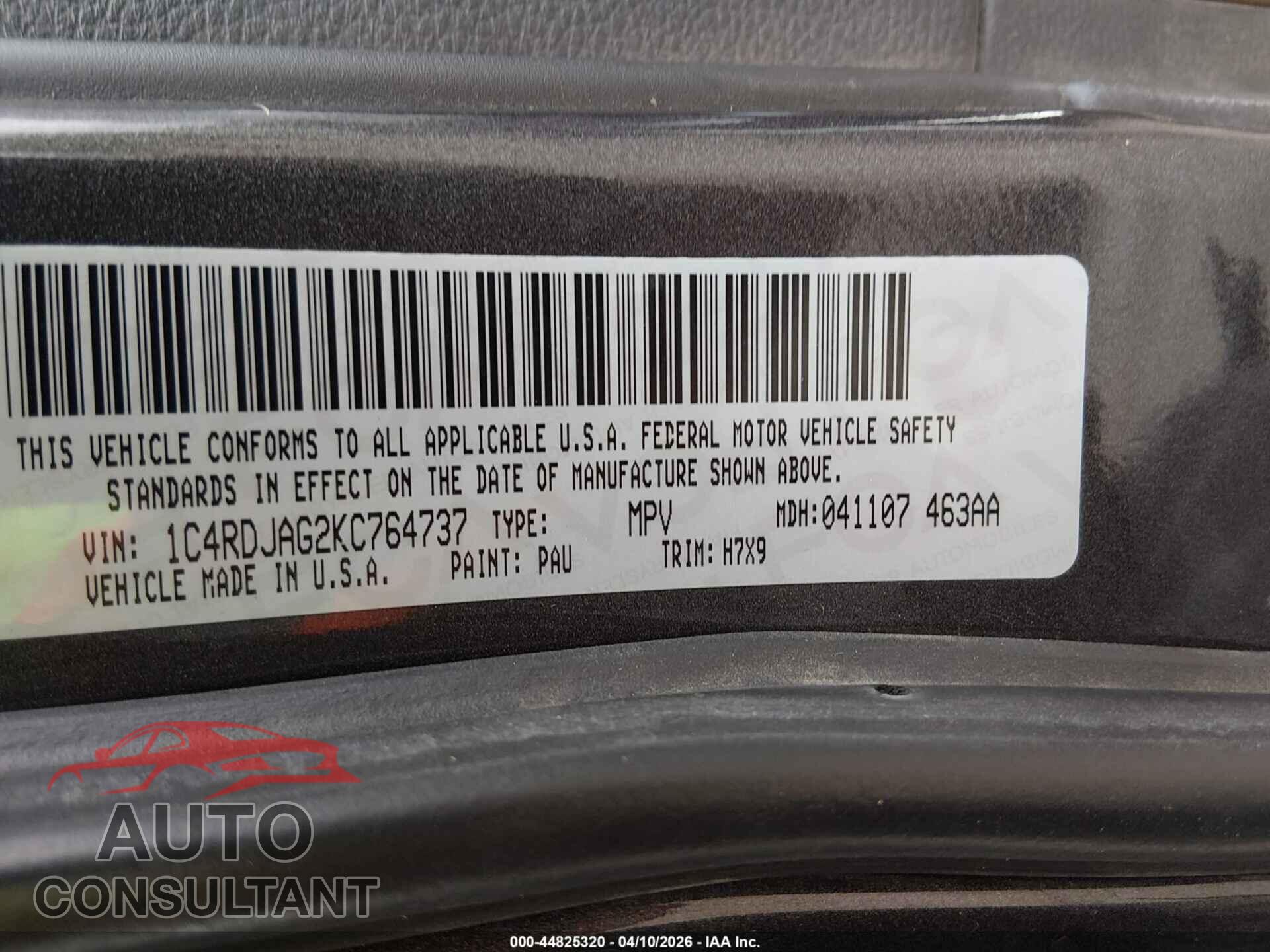 DODGE DURANGO 2019 - 1C4RDJAG2KC764737