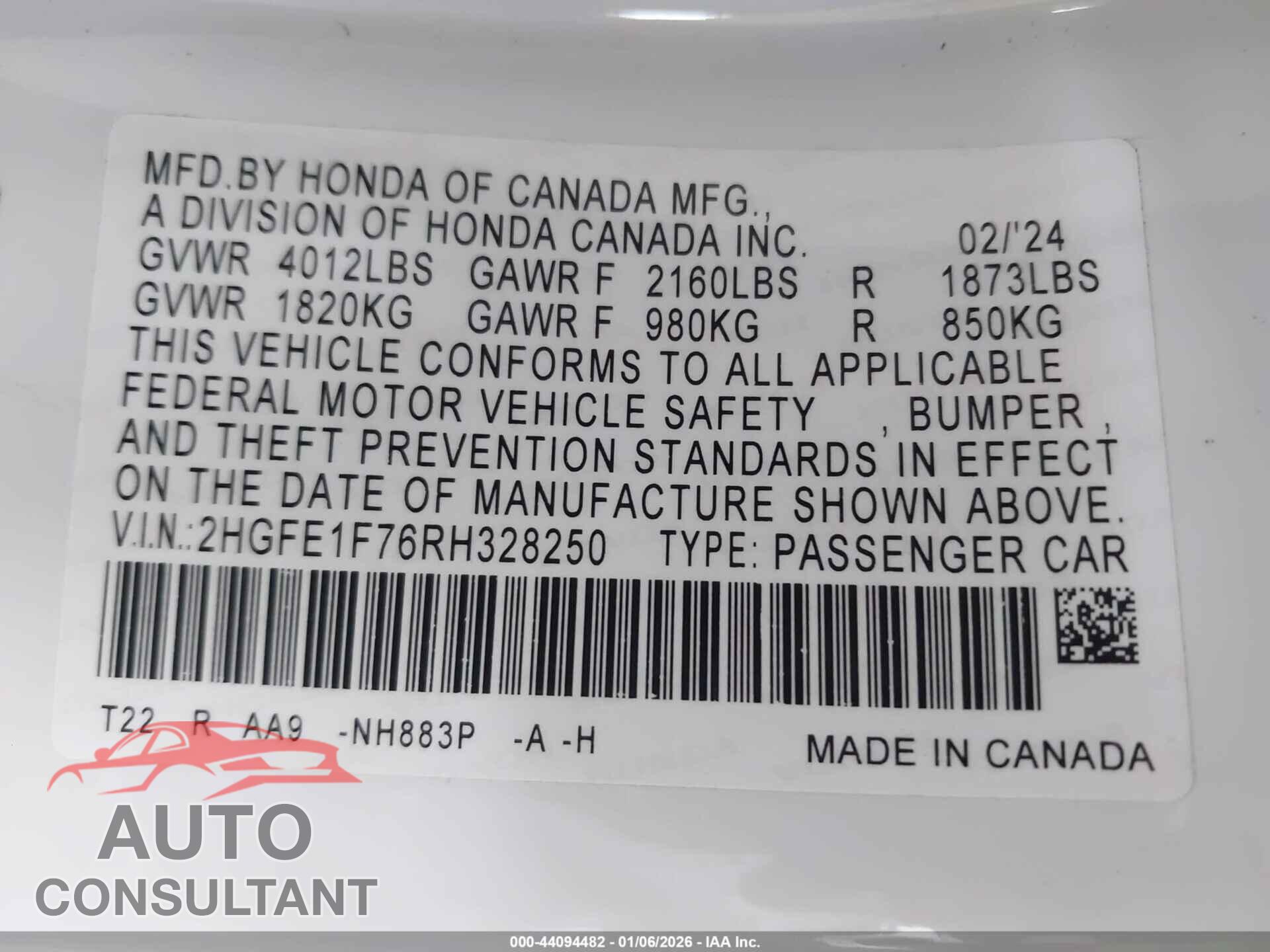 HONDA CIVIC 2024 - 2HGFE1F76RH328250