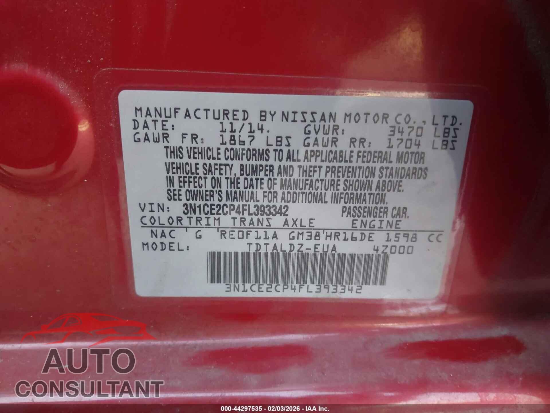 NISSAN VERSA NOTE 2015 - 3N1CE2CP4FL393342