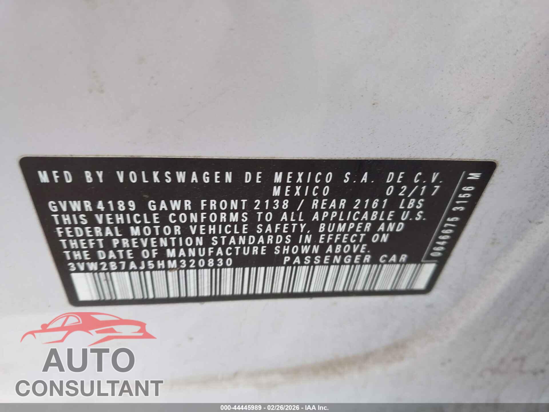 VOLKSWAGEN JETTA 2017 - 3VW2B7AJ5HM320830