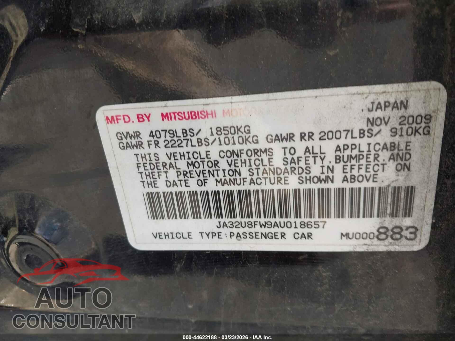 MITSUBISHI LANCER 2010 - JA32U8FW9AU018657