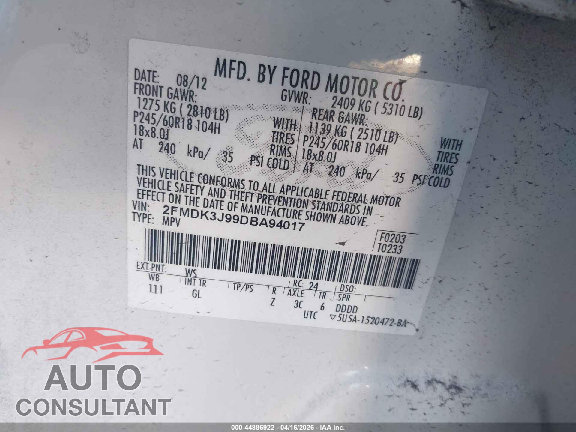 FORD EDGE 2013 - 2FMDK3J99DBA94017