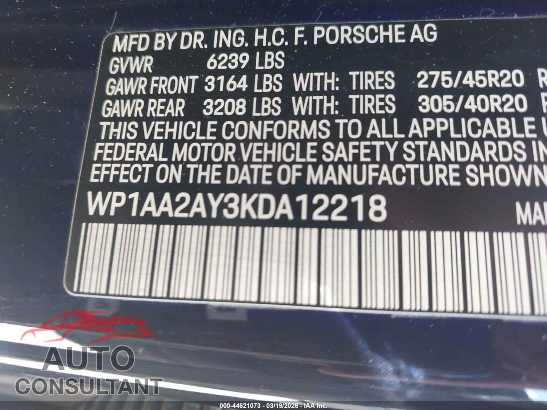 PORSCHE CAYENNE 2019 - WP1AA2AY3KDA12218