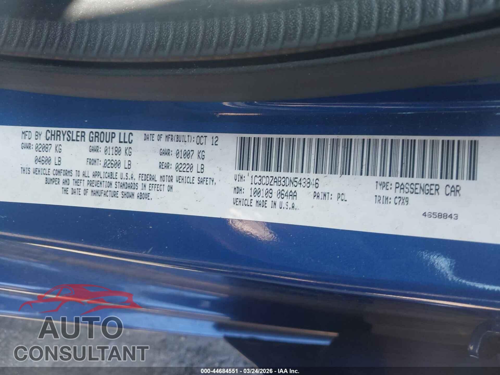 DODGE AVENGER 2013 - 1C3CDZAB3DN543846