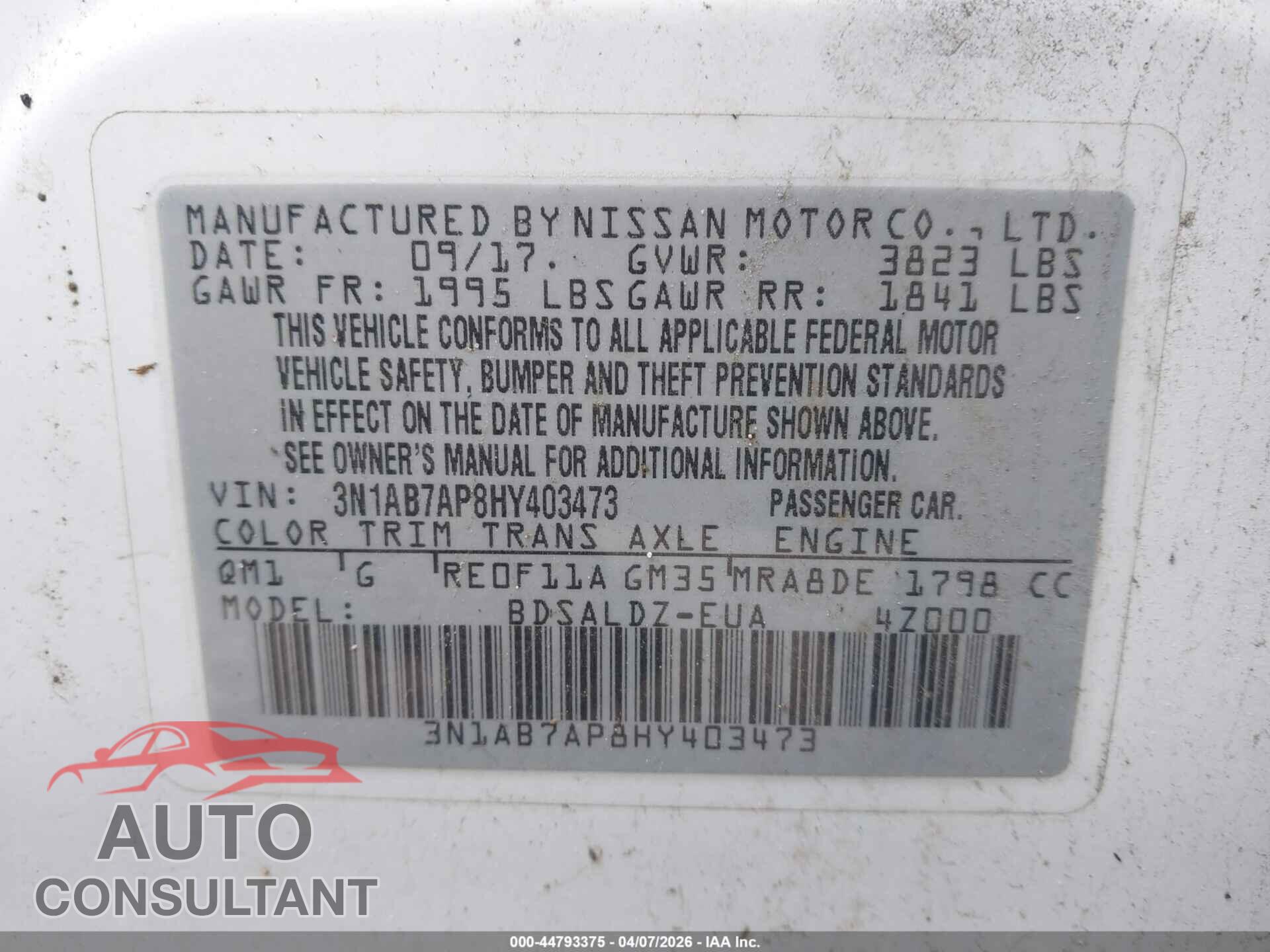 NISSAN SENTRA 2017 - 3N1AB7AP8HY403473