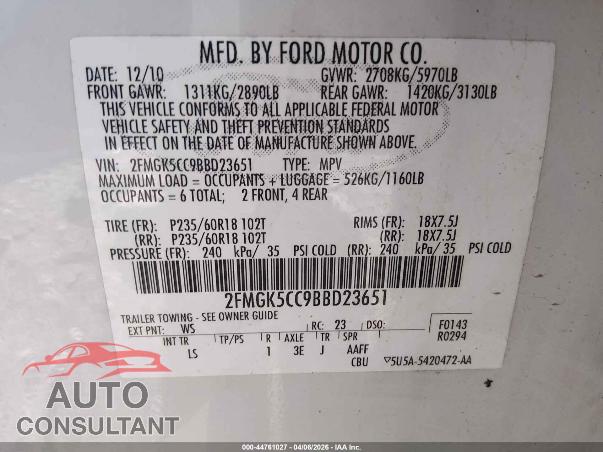 FORD FLEX 2011 - 2FMGK5CC9BBD23651