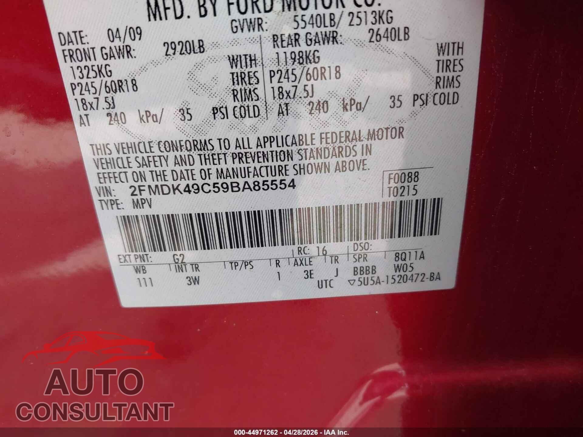 FORD EDGE 2009 - 2FMDK49C59BA85554