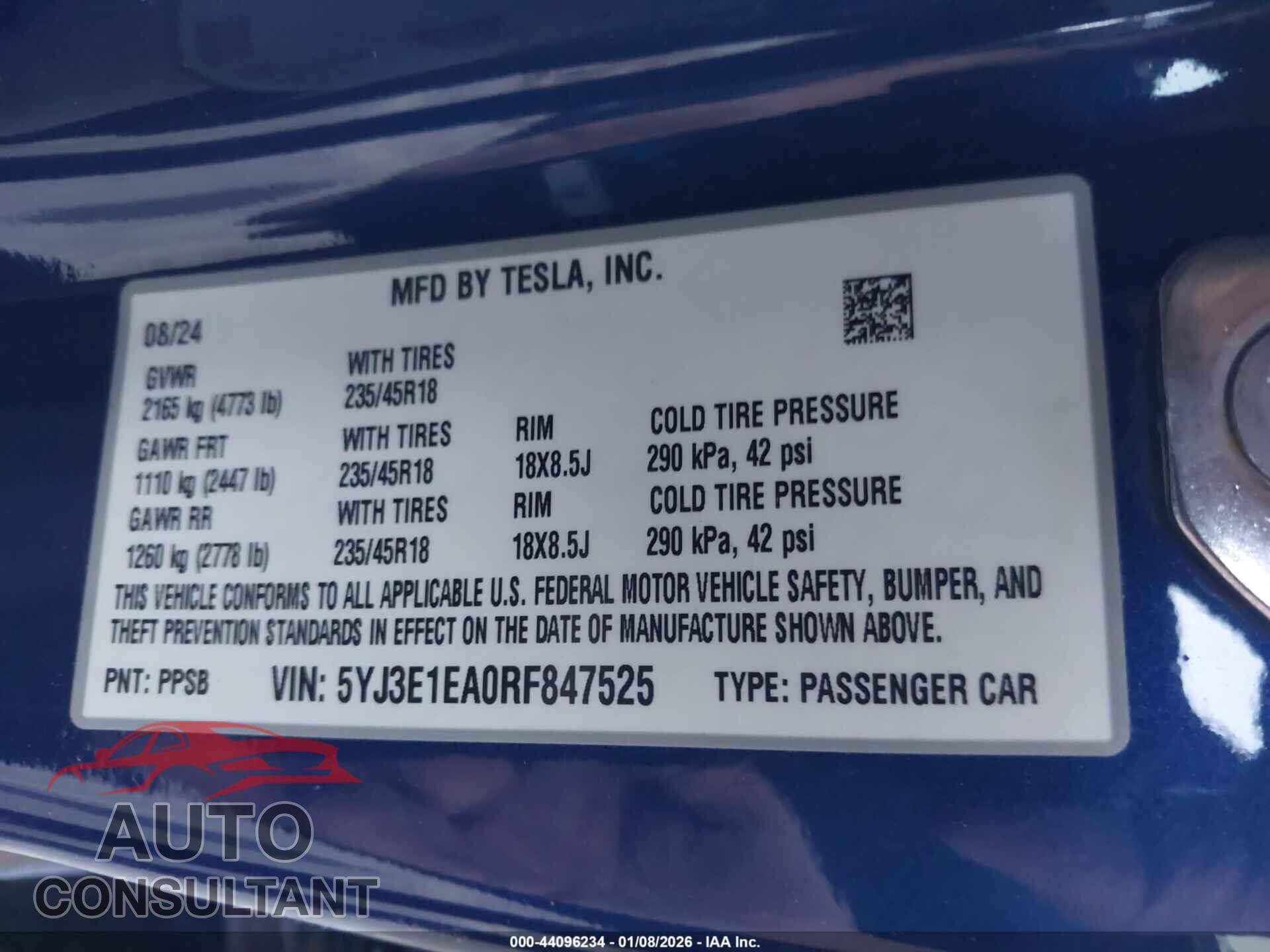 TESLA MODEL 3 2024 - 5YJ3E1EA0RF847525