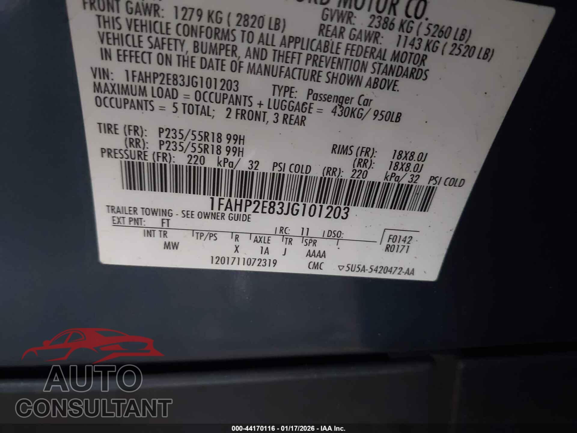 FORD TAURUS 2018 - 1FAHP2E83JG101203