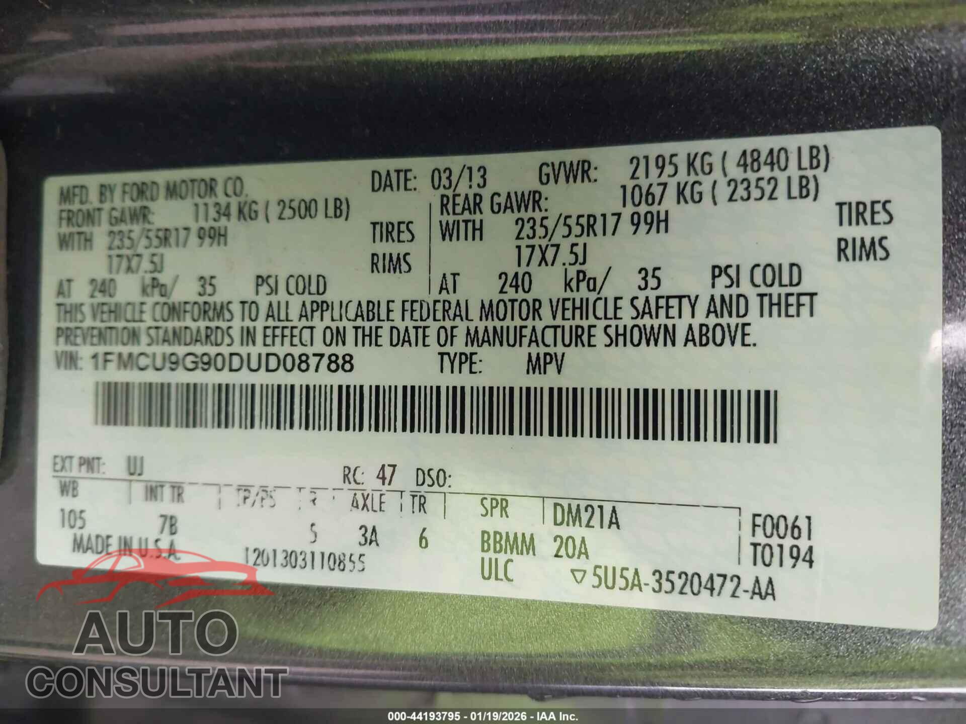 FORD ESCAPE 2013 - 1FMCU9G90DUD08788