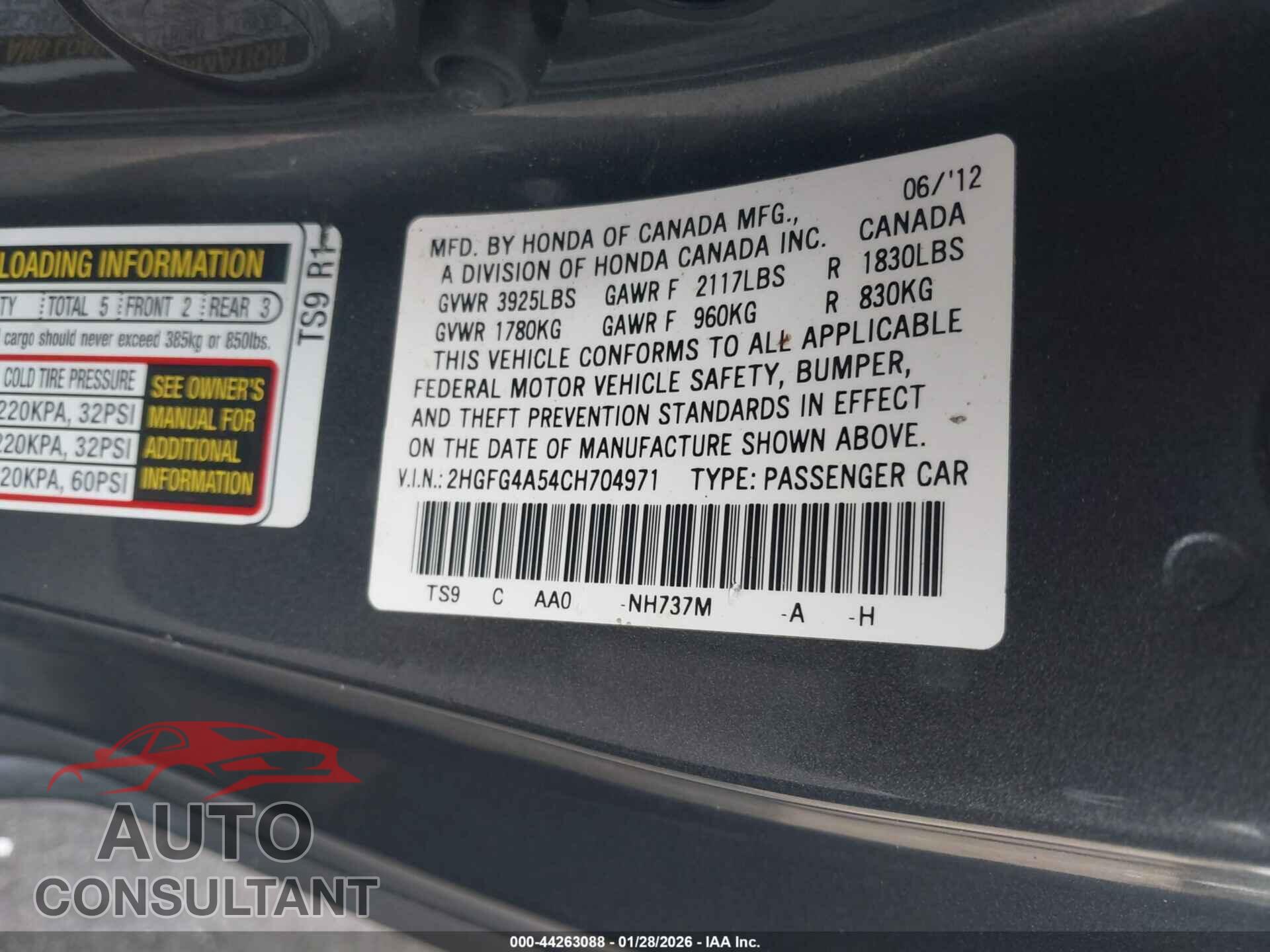HONDA CIVIC 2012 - 2HGFG4A54CH704971