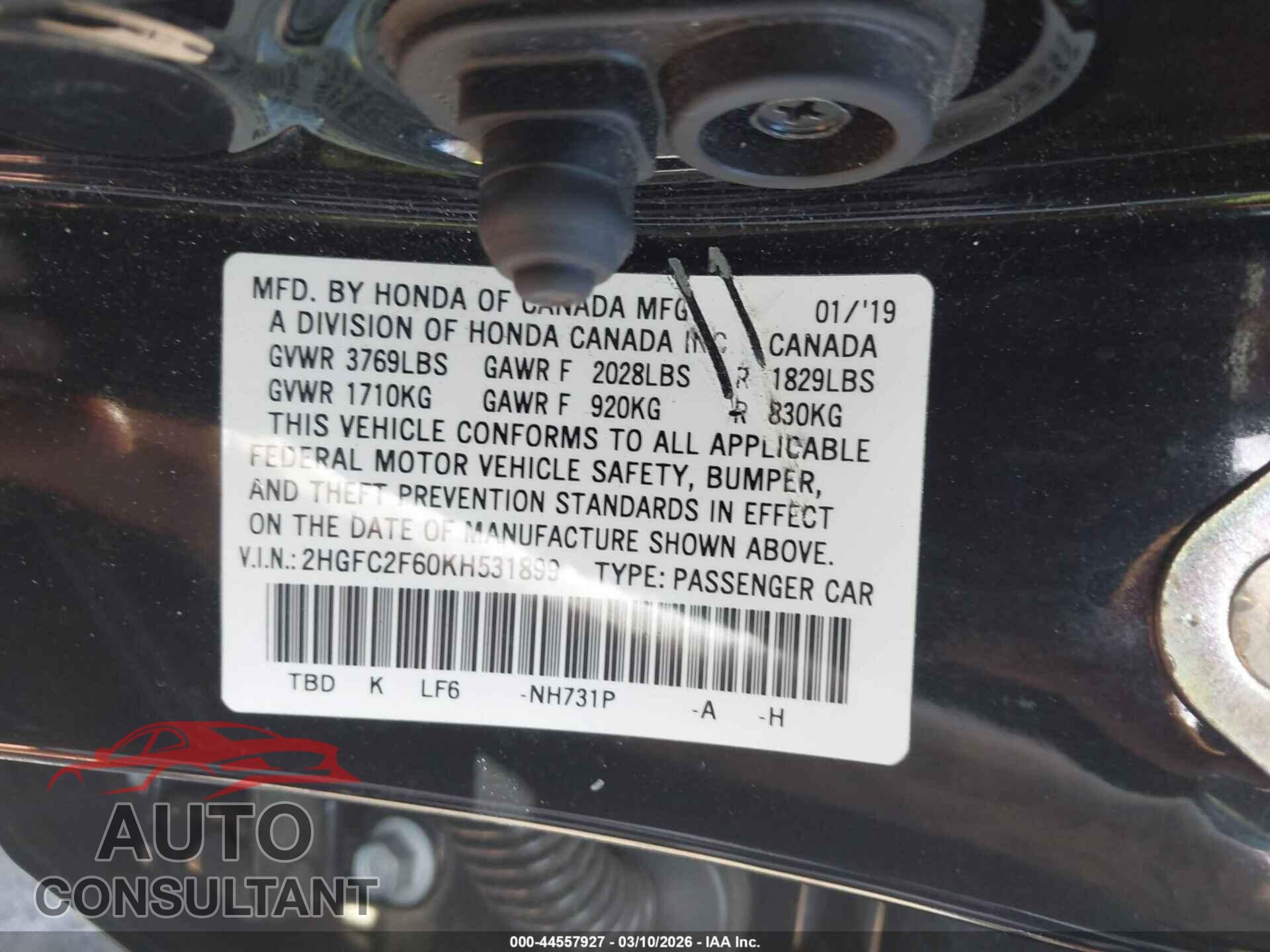 HONDA CIVIC 2019 - 2HGFC2F60KH531899