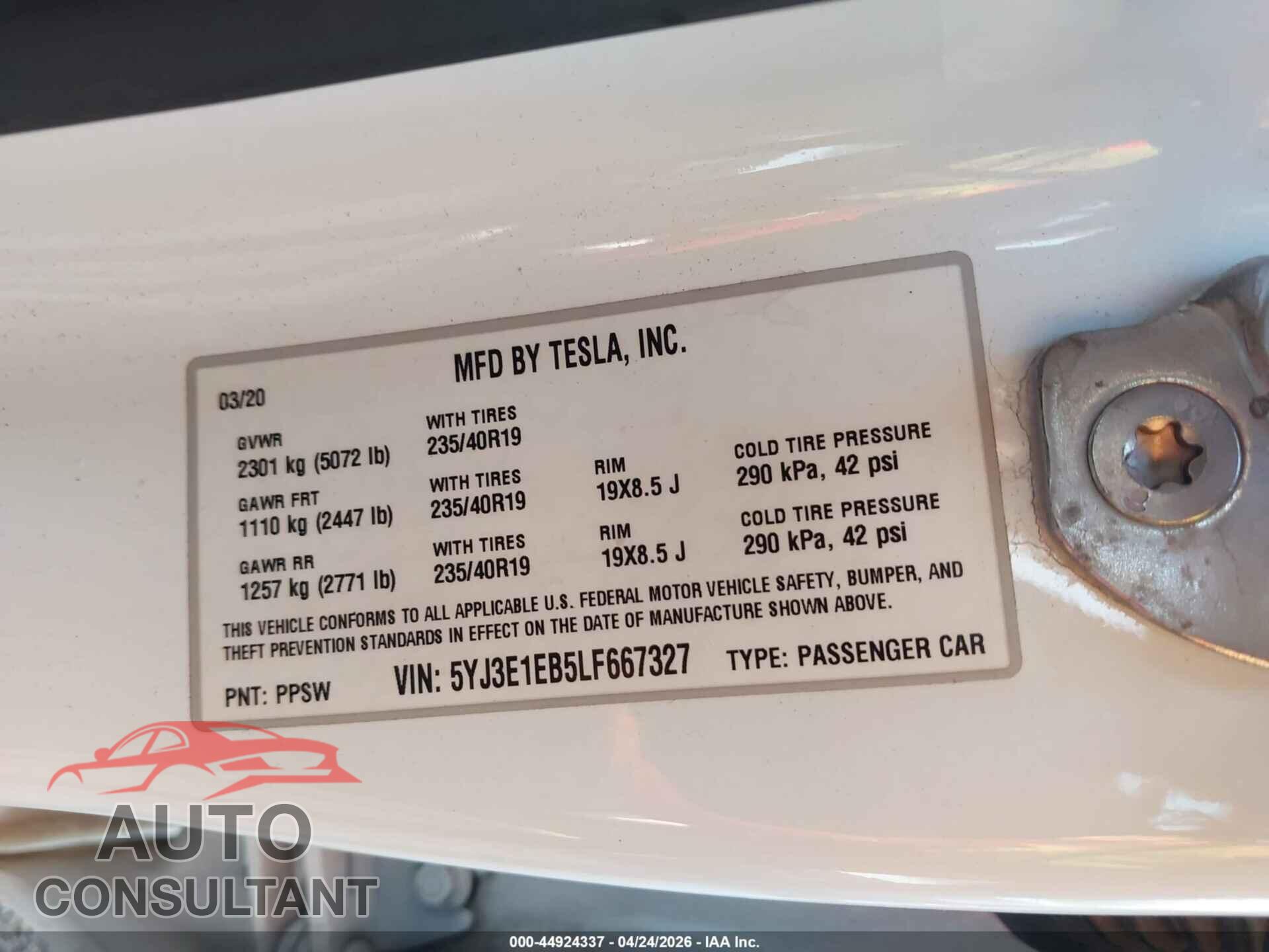 TESLA MODEL 3 2020 - 5YJ3E1EB5LF667327