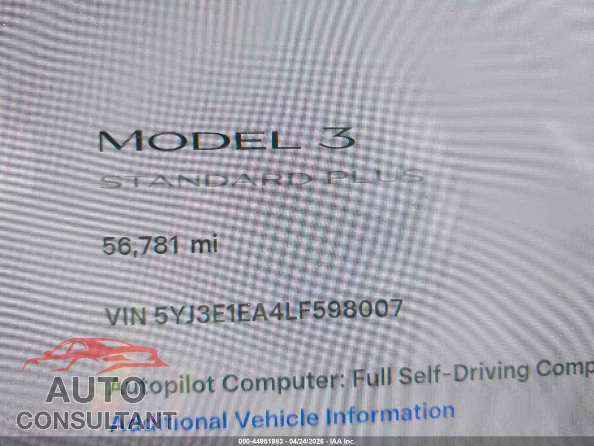 TESLA MODEL 3 2020 - 5YJ3E1EA4LF598007