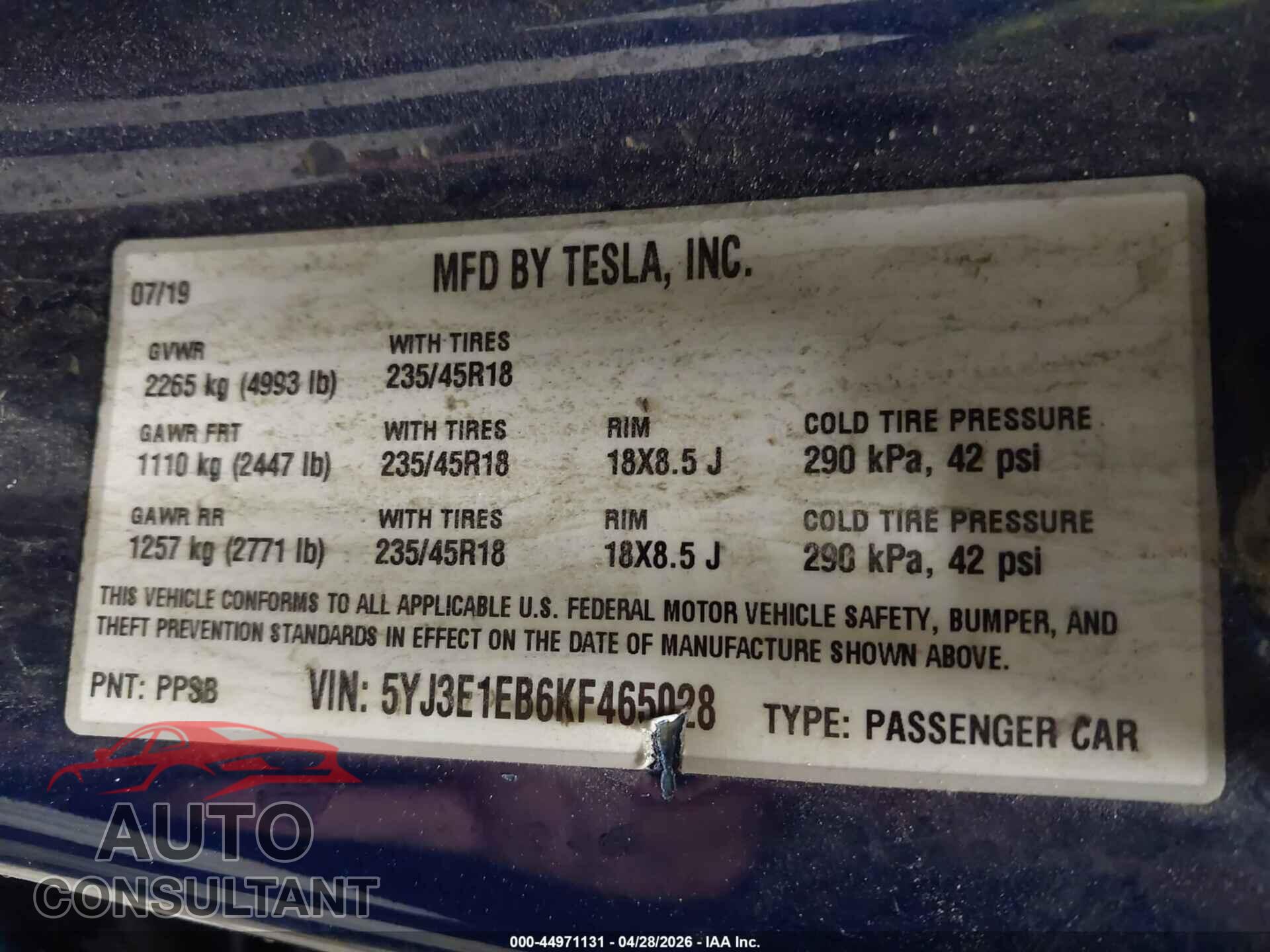 TESLA MODEL 3 2019 - 5YJ3E1EB6KF465028