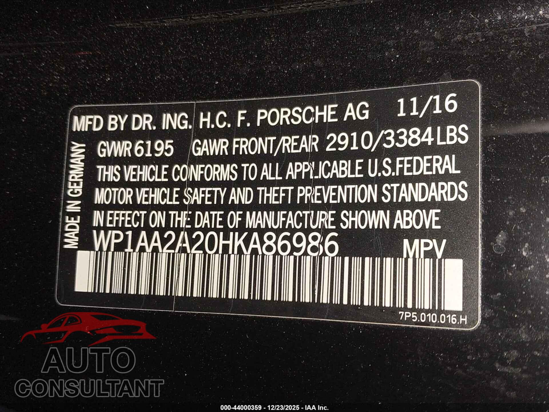 PORSCHE CAYENNE 2017 - WP1AA2A20HKA86986