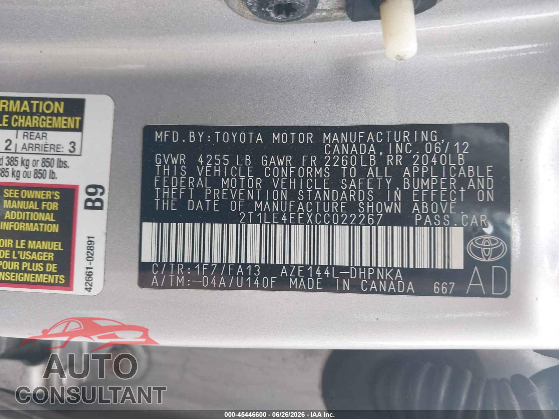 TOYOTA MATRIX 2012 - 2T1LE4EEXCC022267