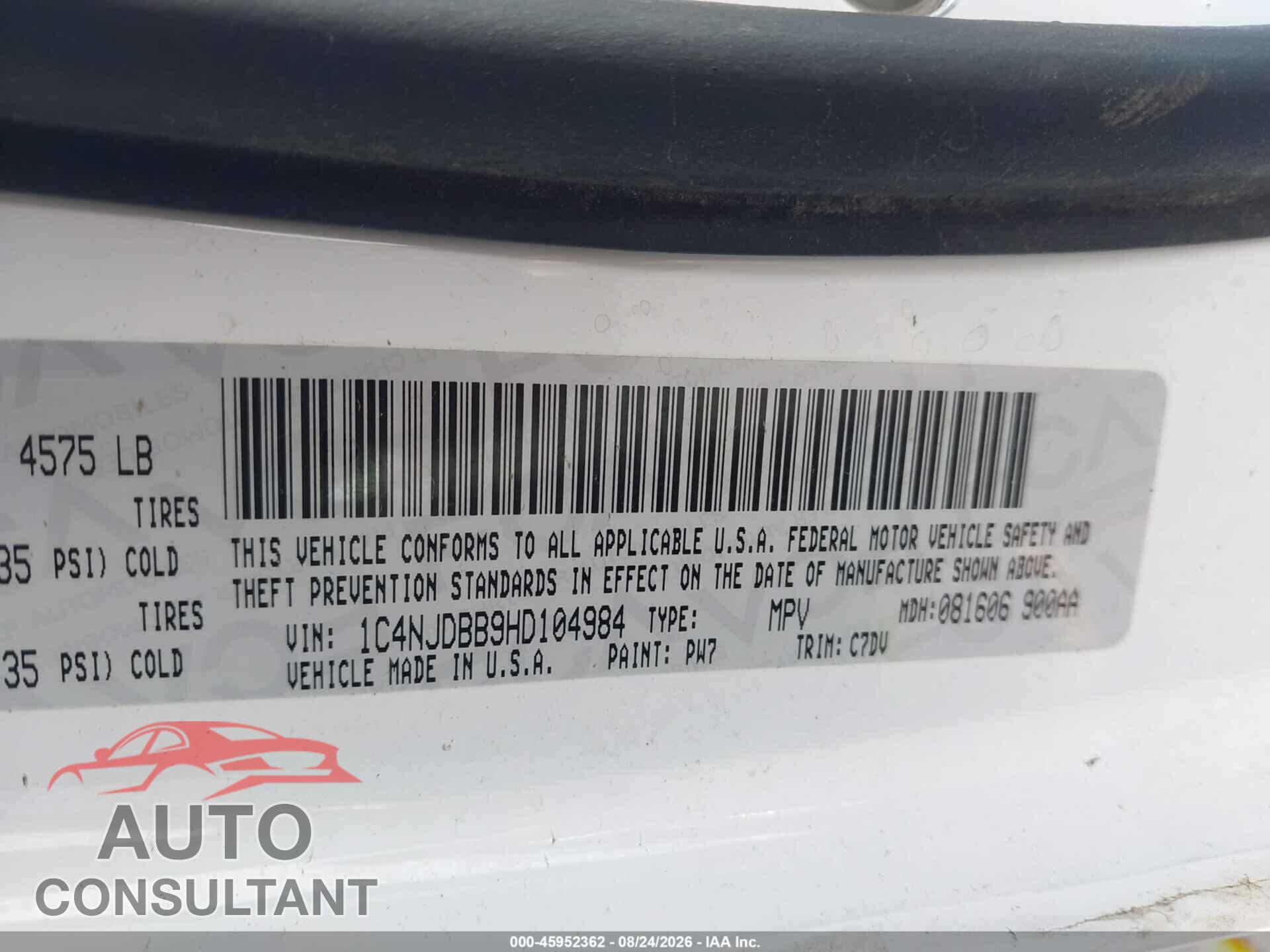 JEEP COMPASS 2017 - 1C4NJDBB9HD104984