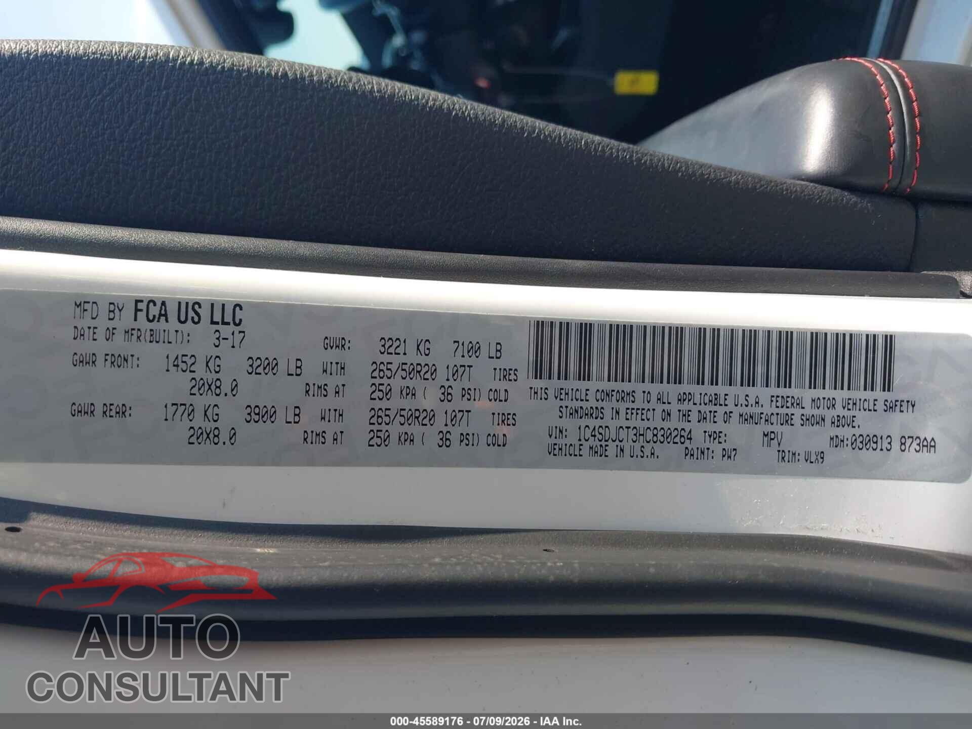 DODGE DURANGO 2017 - 1C4SDJCT3HC830264