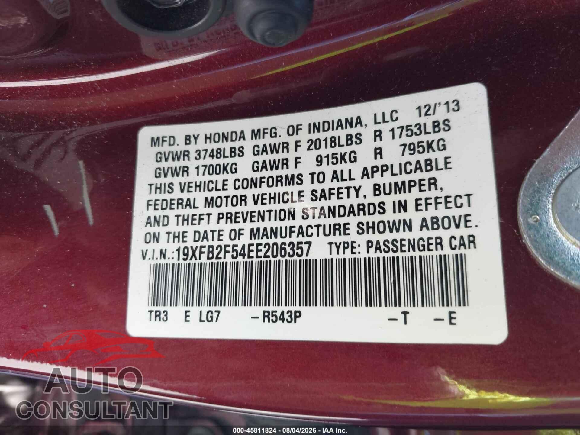 HONDA CIVIC 2014 - 19XFB2F54EE206357