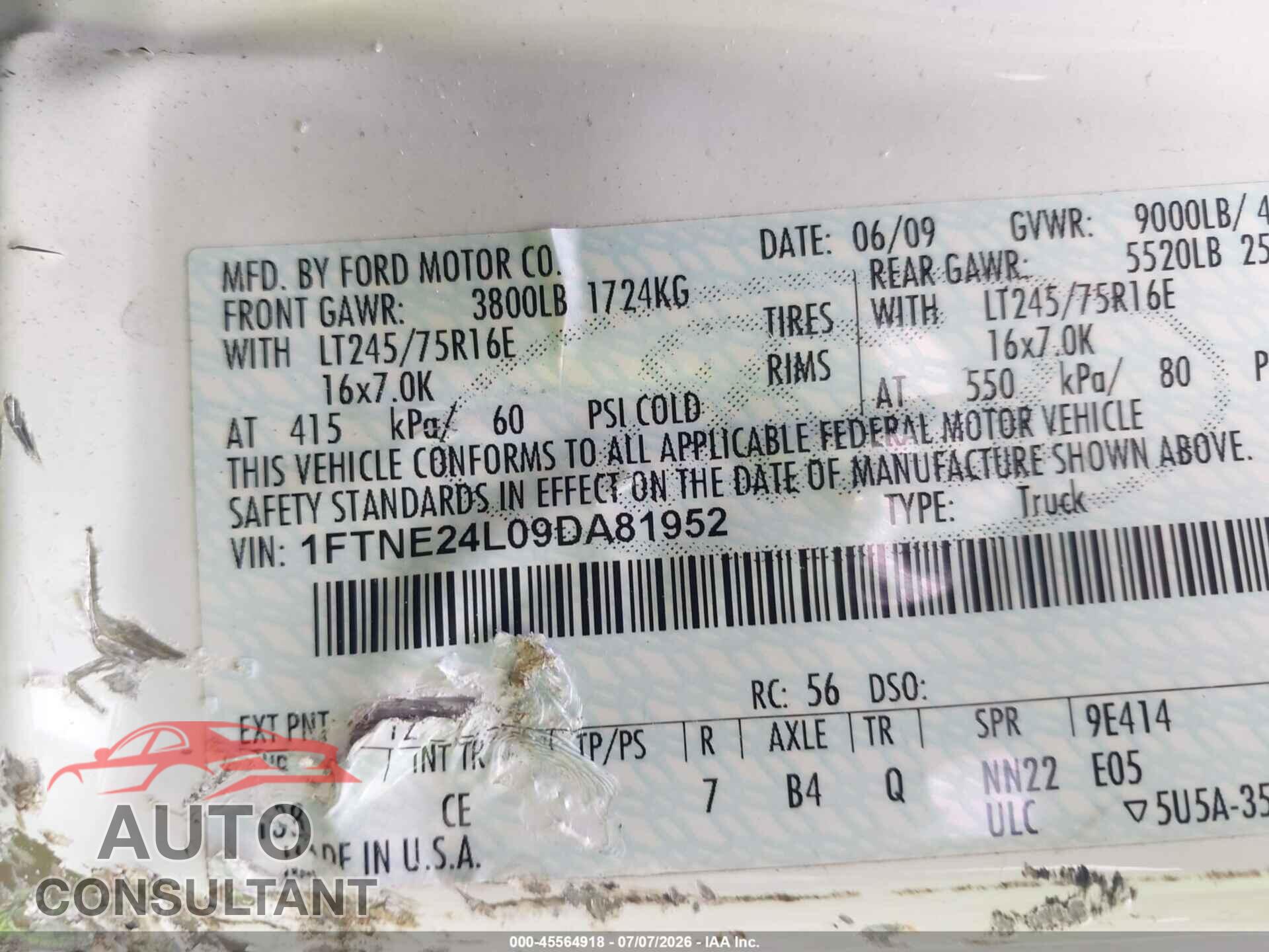 FORD E-250 2009 - 1FTNE24L09DA81952
