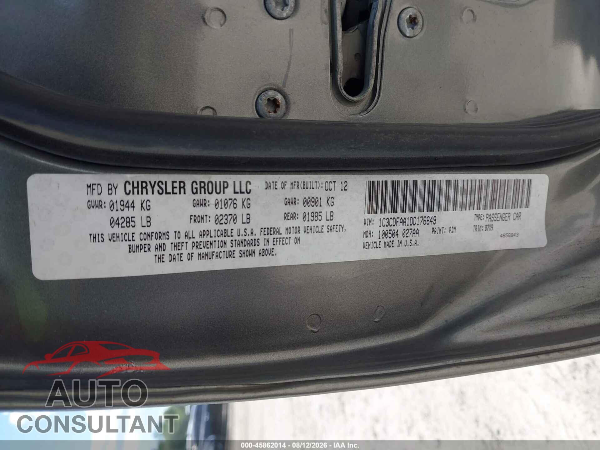 DODGE DART 2013 - 1C3CDFCHXDD703324