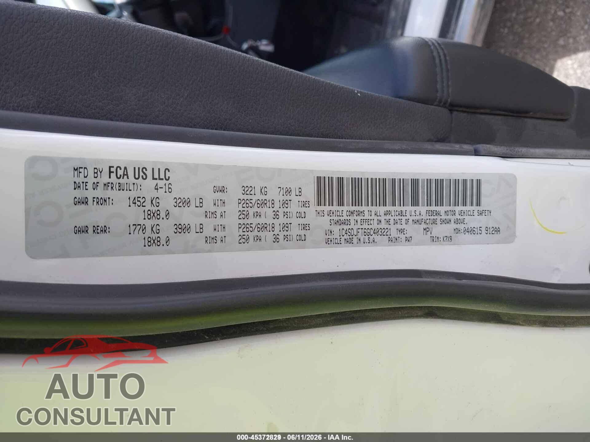 DODGE DURANGO 2016 - 1C4SDJFT6GC403221