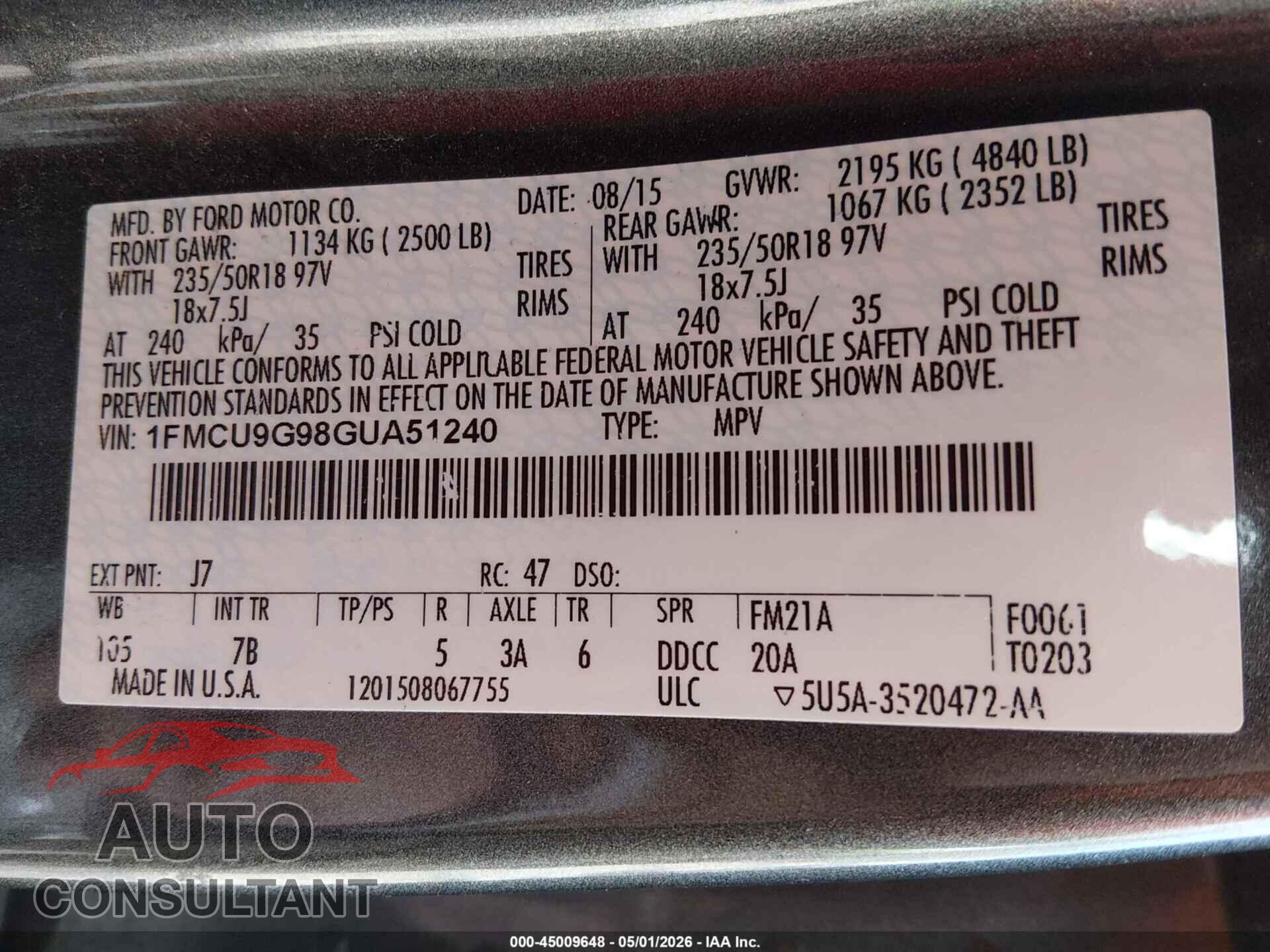 FORD ESCAPE 2016 - 1FMCU9G98GUA51240