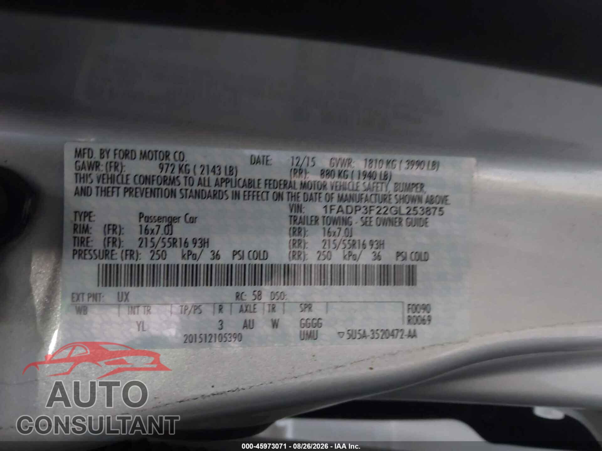 FORD FOCUS 2016 - 1FADP3F22GL253875