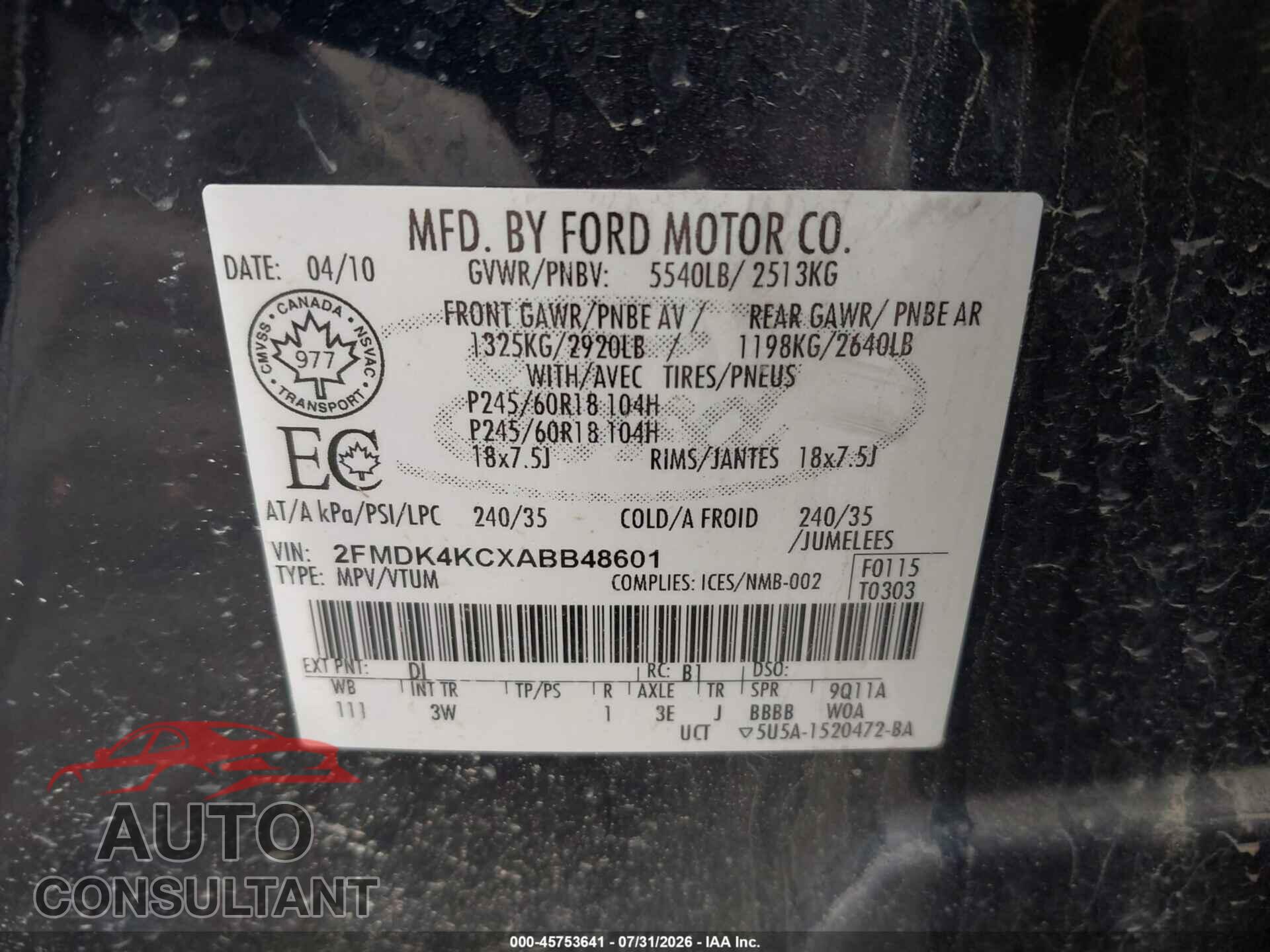 FORD EDGE 2010 - 2FMDK4KCXABB48601