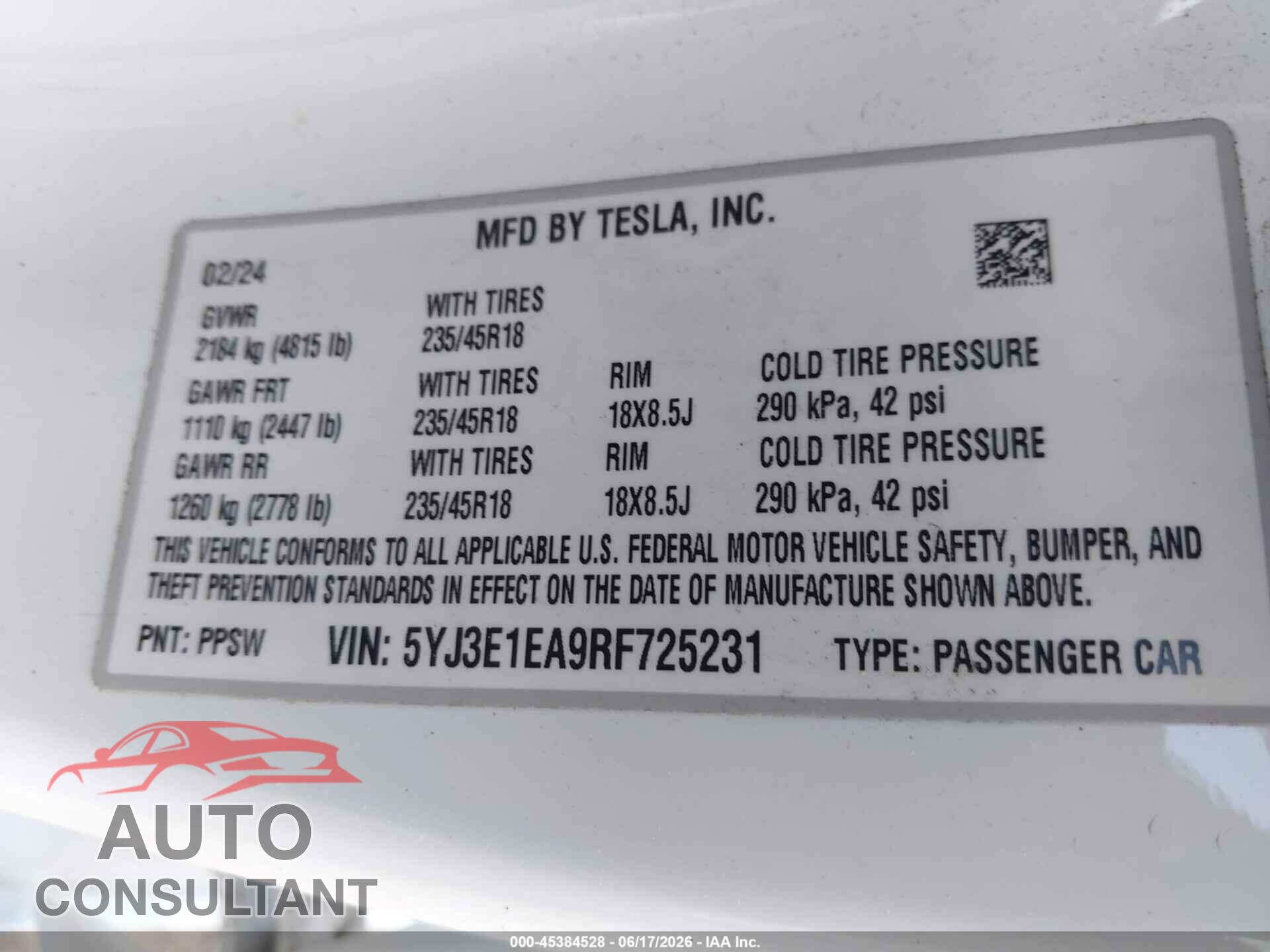 TESLA MODEL 3 2024 - 5YJ3E1EA9RF725231