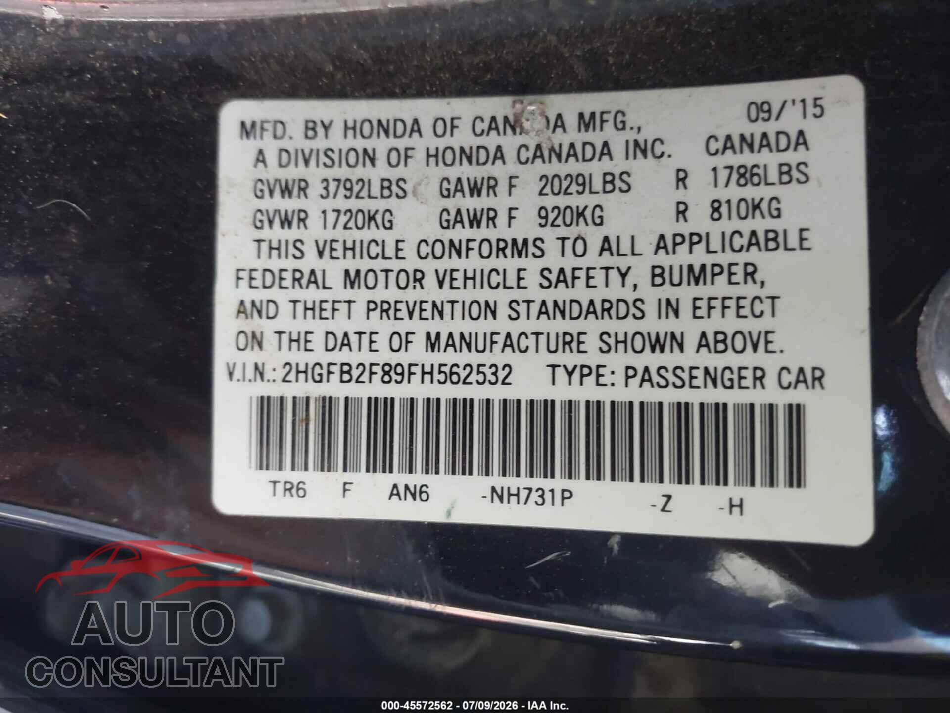 HONDA CIVIC 2015 - 2HGFB2F89FH562532