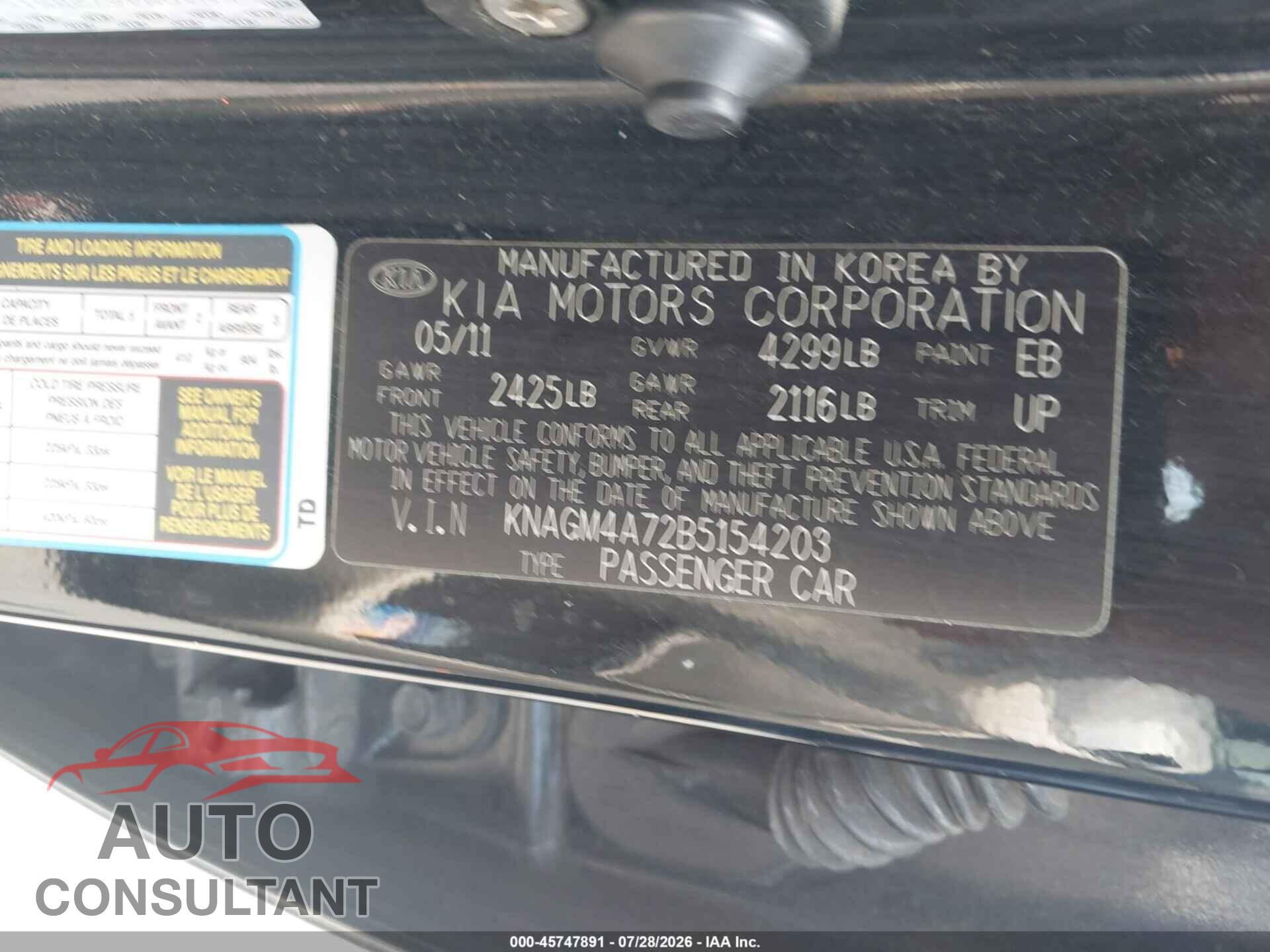 KIA OPTIMA 2011 - KNAGM4A72B5154203