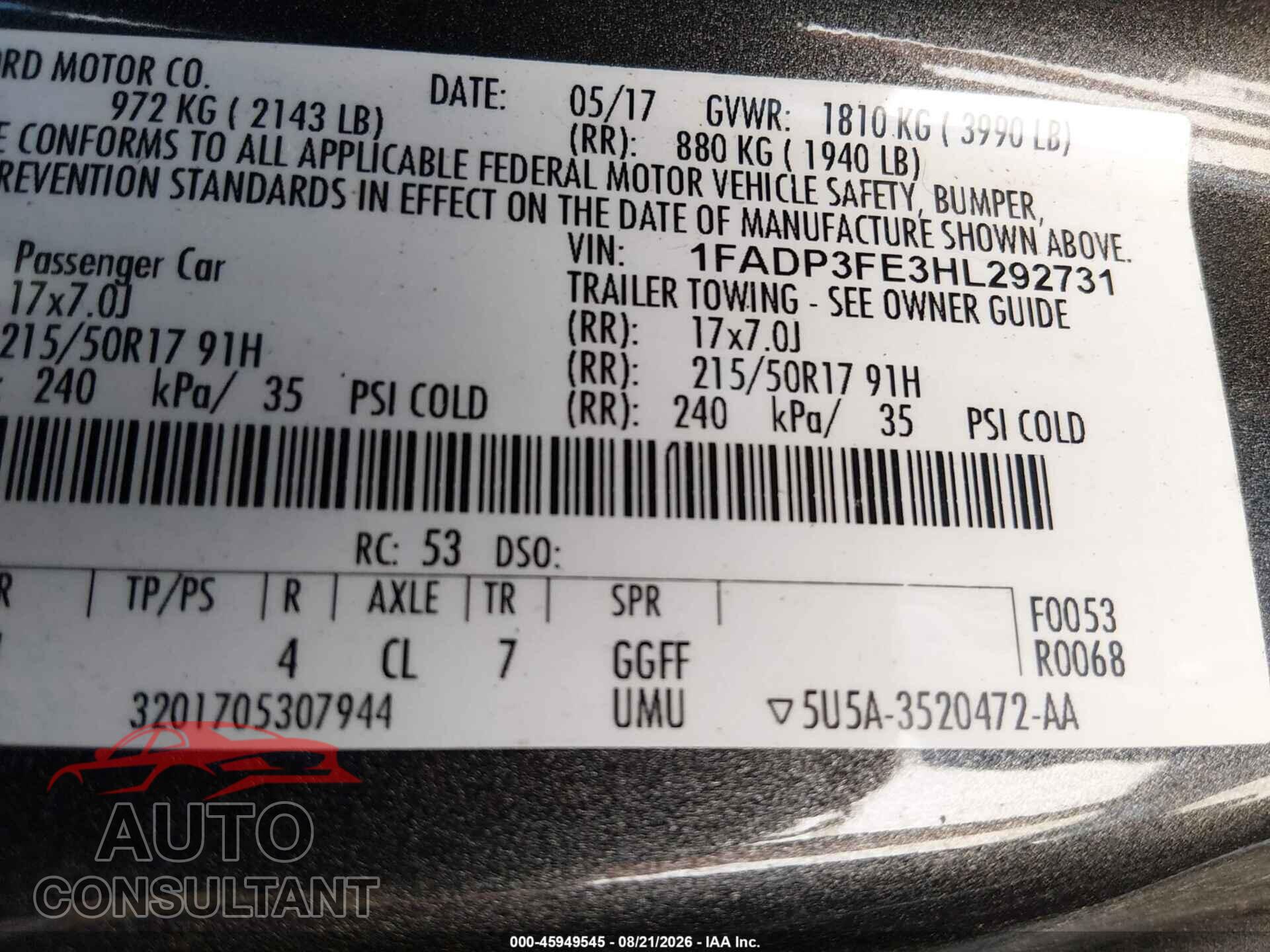 FORD FOCUS 2017 - 1FADP3FE3HL292731