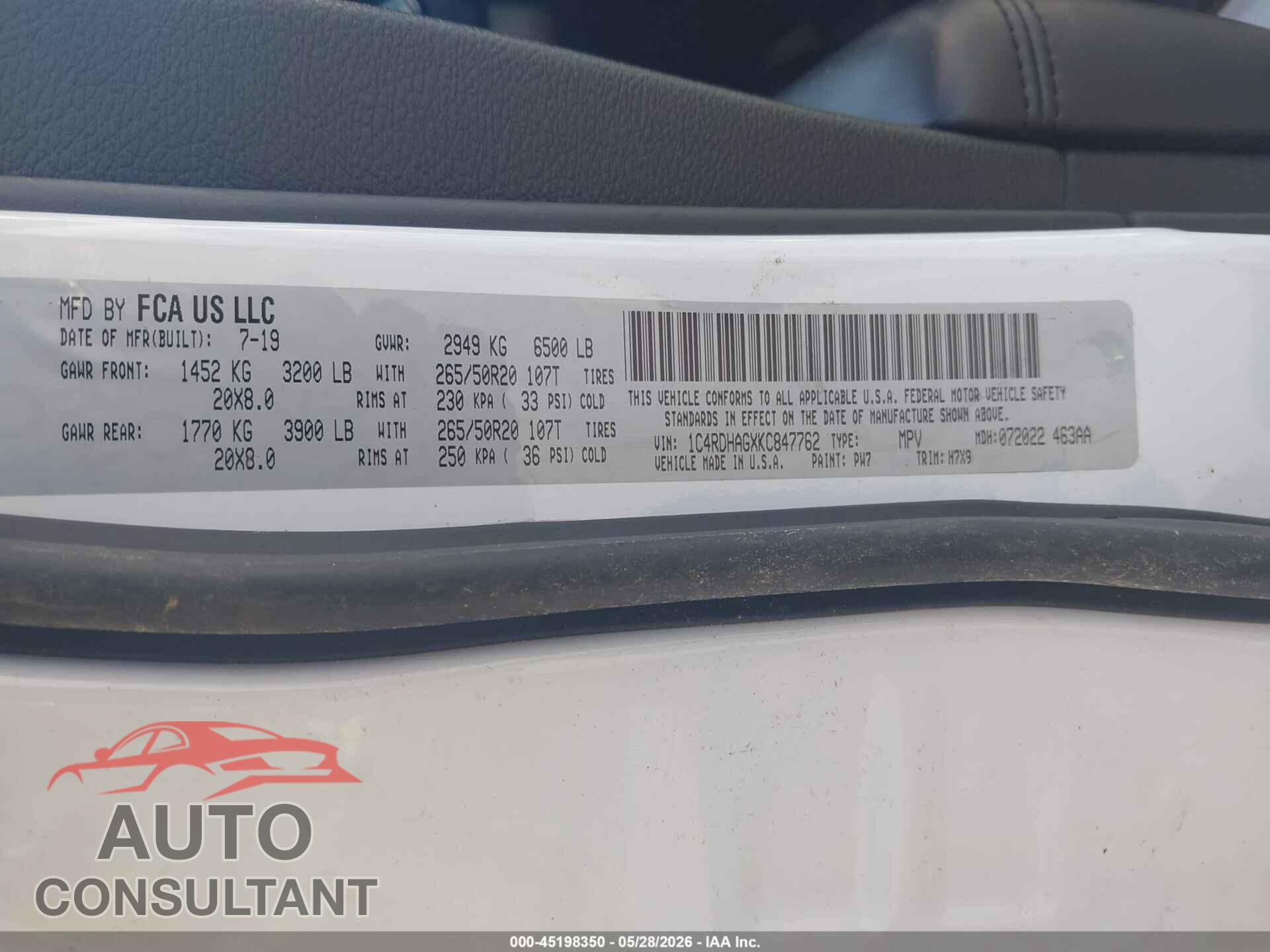DODGE DURANGO 2019 - 1C4RDHAGXKC847762
