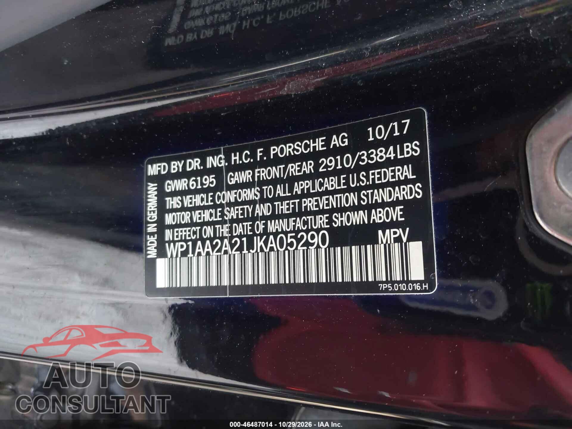 PORSCHE CAYENNE 2018 - WP1AA2A21JKA05290