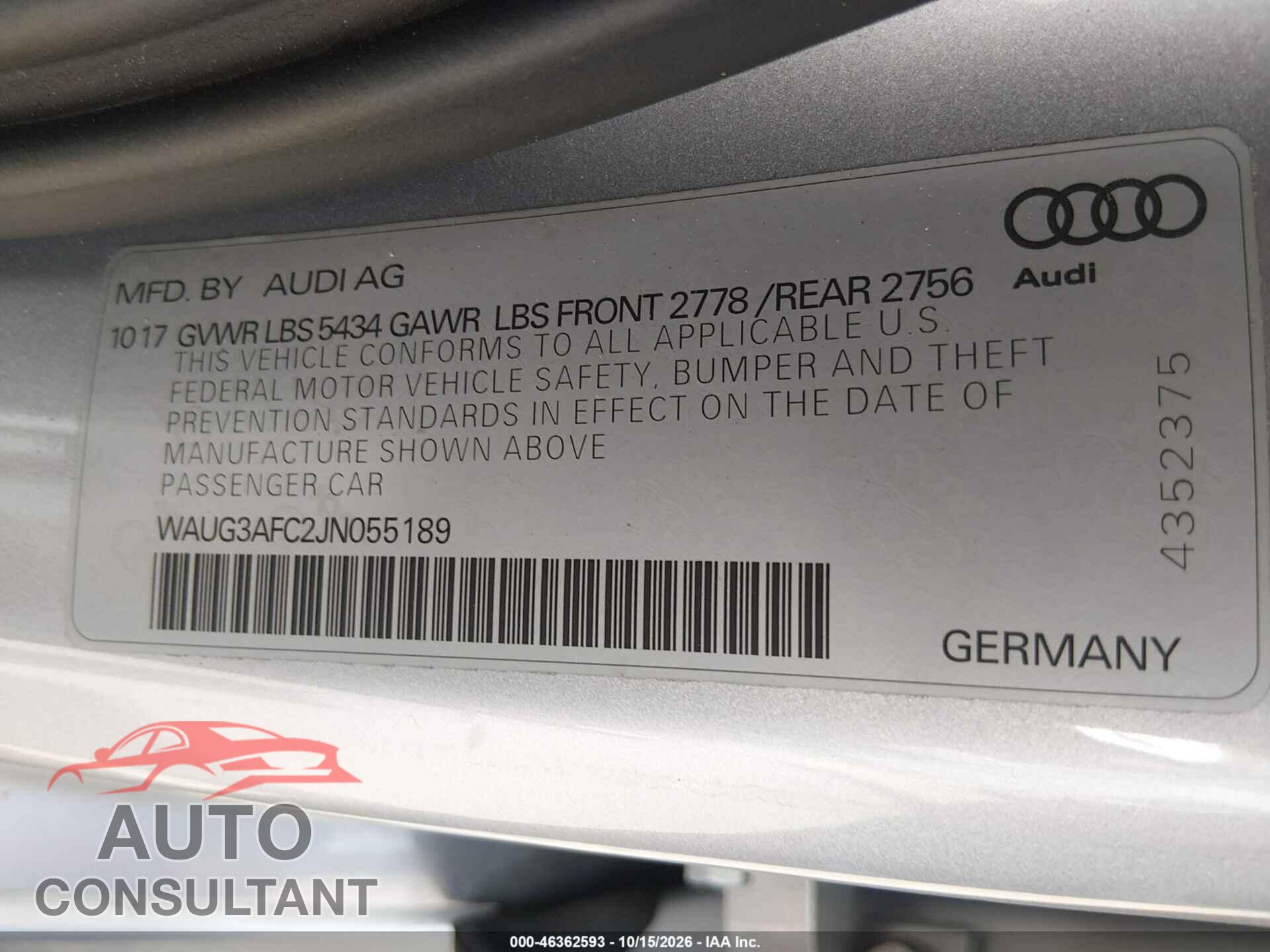 AUDI A6 2018 - WAUG3AFC2JN055189