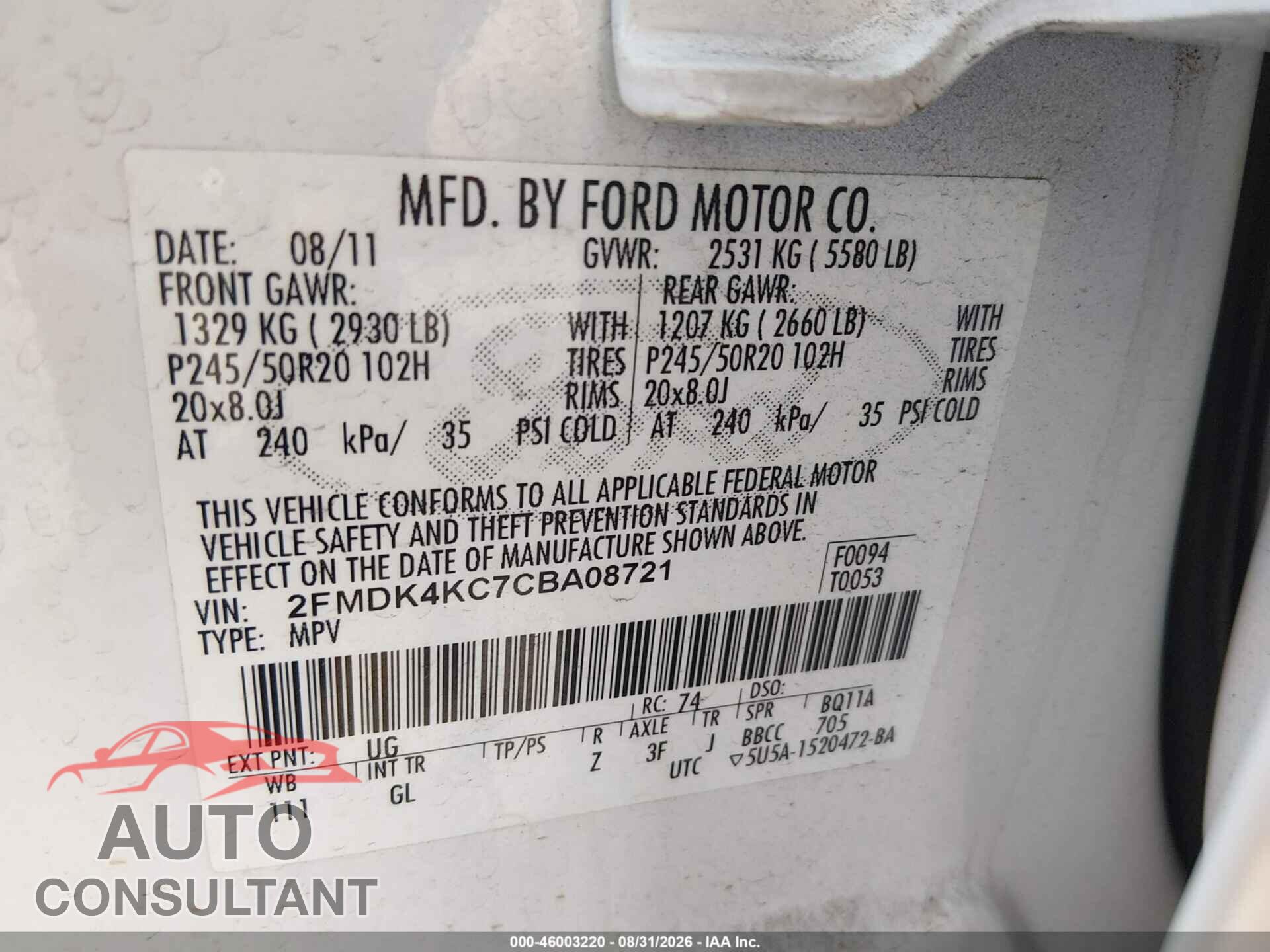 FORD EDGE 2012 - 2FMDK4KC7CBA08721