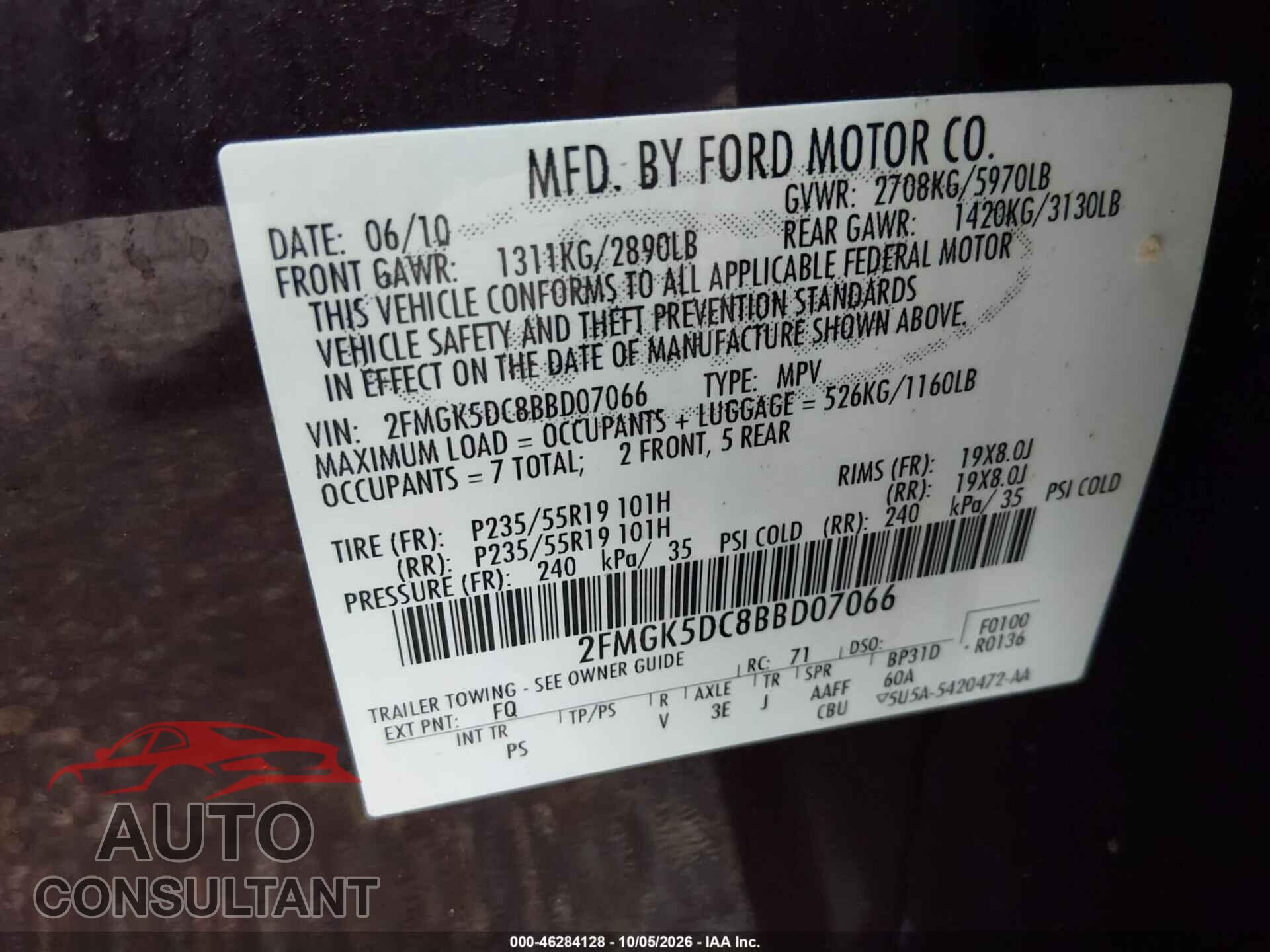 FORD FLEX 2011 - 2FMGK5DC8BBD07066