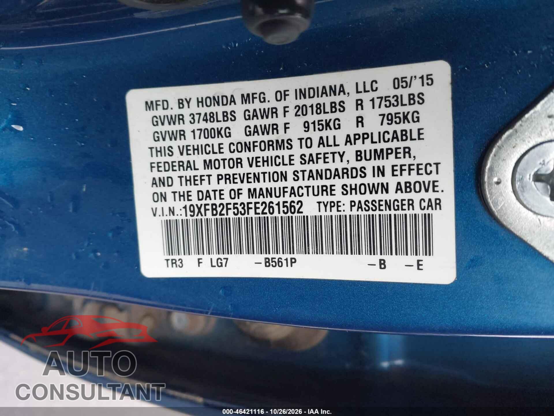HONDA CIVIC 2015 - 19XFB2F53FE261562