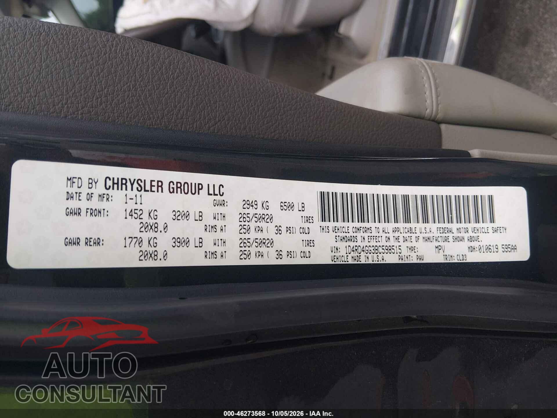 DODGE DURANGO 2011 - 1D4RD4GG3BC598515
