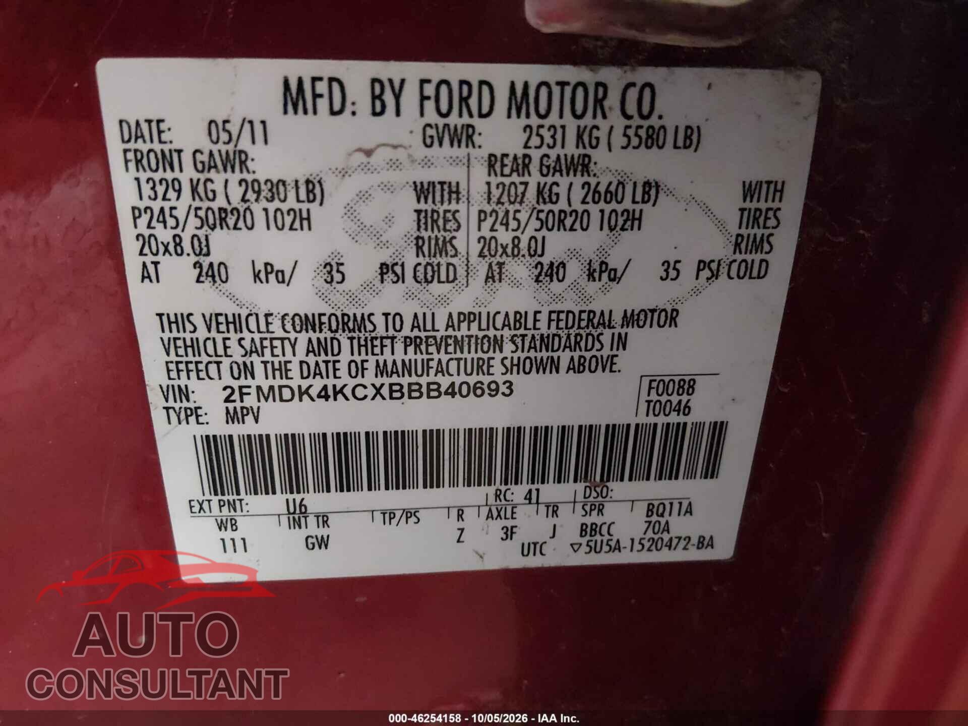 FORD EDGE 2011 - 2FMDK4KCXBBB40693