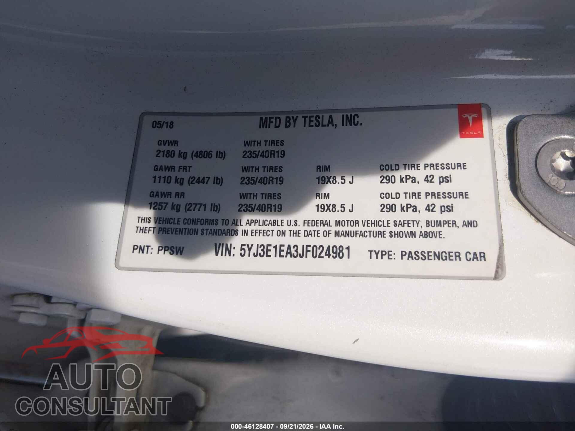 TESLA MODEL 3 2018 - 5YJ3E1EA3JF024981