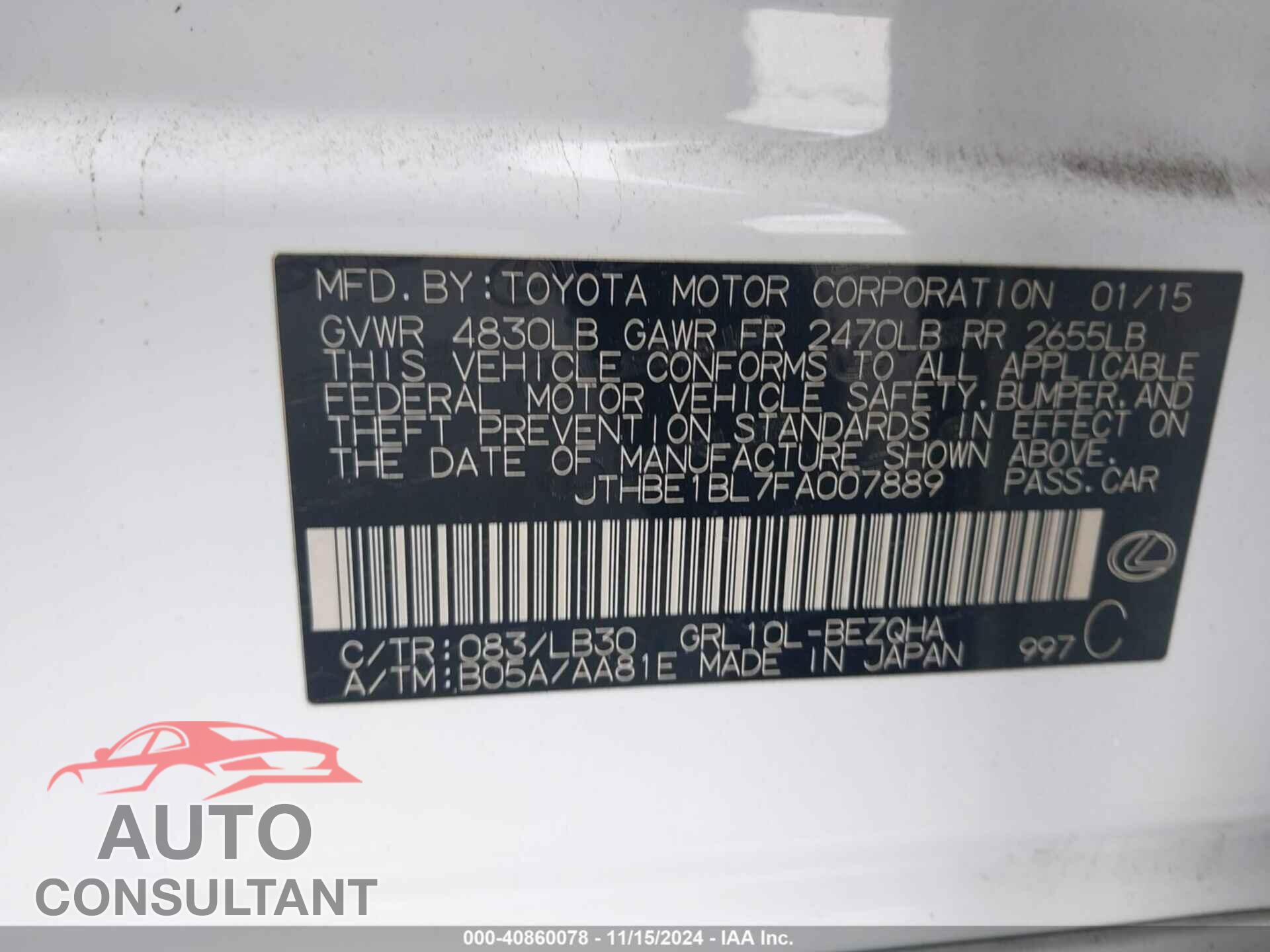LEXUS GS 2015 - JTHBE1BL7FA007889