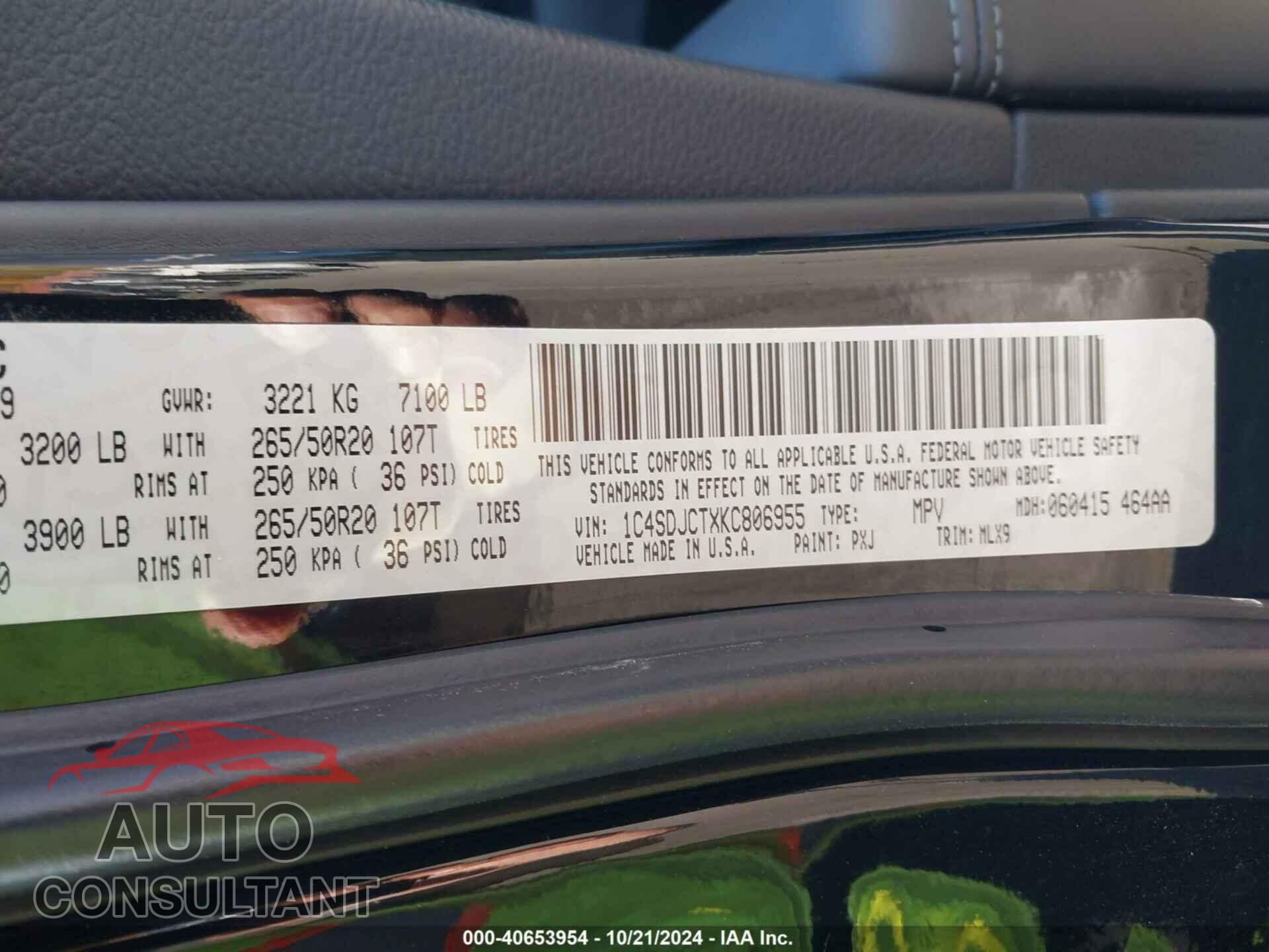 DODGE DURANGO 2019 - 1C4SDJCTXKC806955